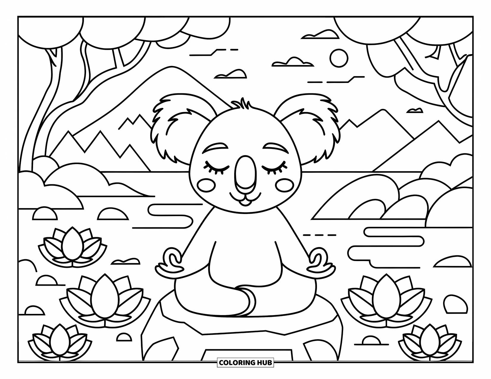Kolorowanka z koalą dla dorosłych: Medytująca koala siedzi spokojnie na skale, otoczona kwiatami lotosu i spokojnymi wodami