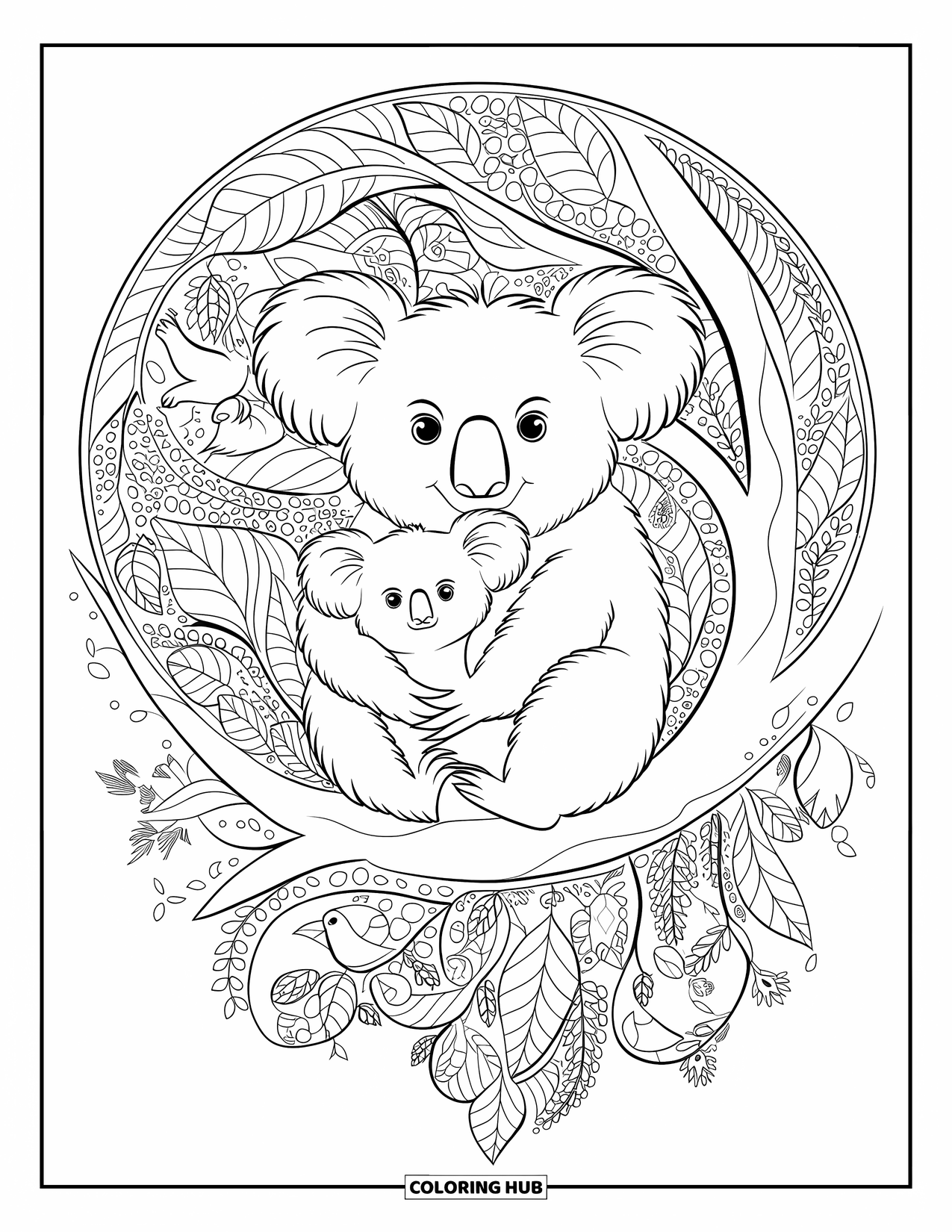 Kolorowanka z koalą dla dorosłych: Matka i dziecko koala siedzą w szczegółowym otoczeniu, otoczeni artystycznymi kwiatowymi i liściastymi wzorami