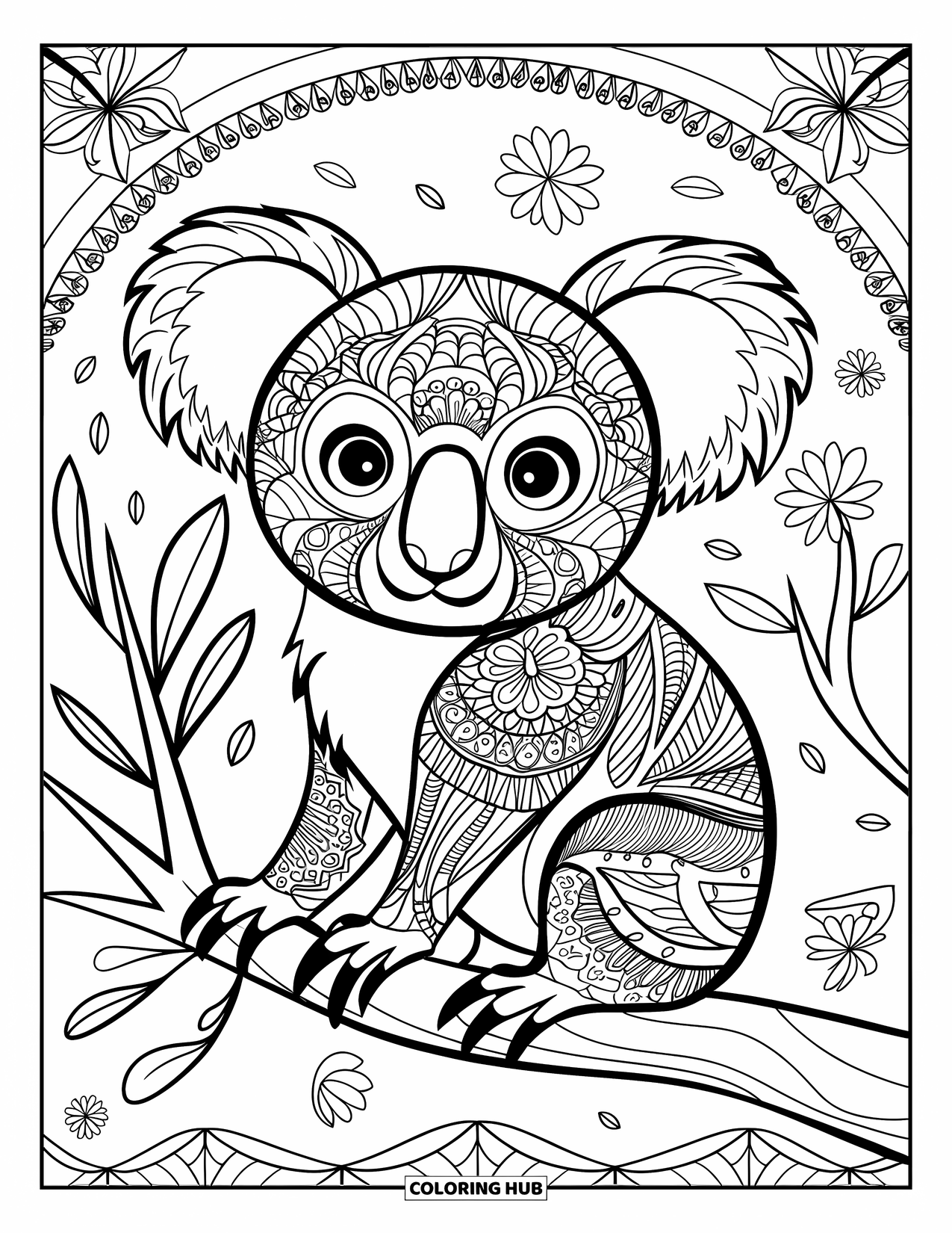 Kolorowanka z koalą dla dorosłych: Wzorzysta koala siedzi spokojnie na gałęzi, ozdobiona kwiatowymi i geometrycznymi wzorami zentangle