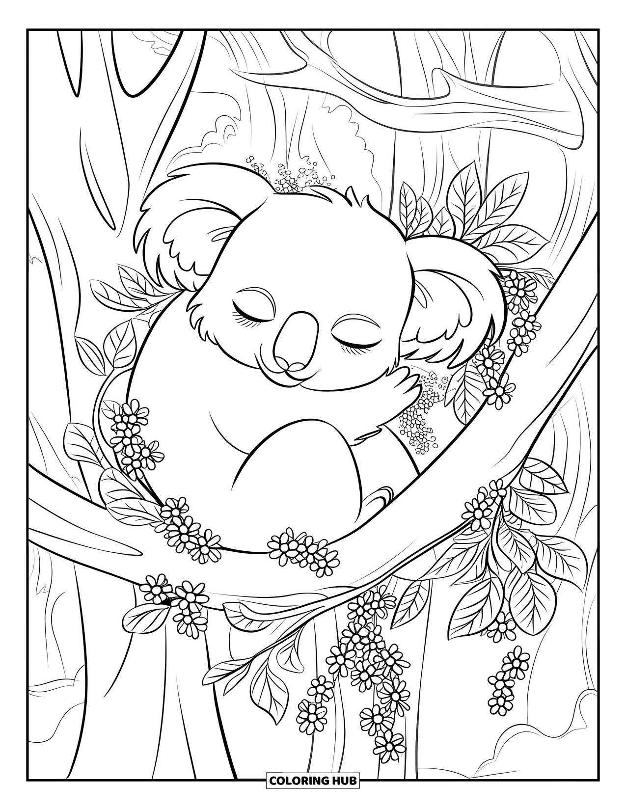 Kolorowanka z koalą dla dorosłych: Spokojna koala odpoczywa na drzewie, otoczona ozdobnymi pnączami i skomplikowanym kwiatowym lasem