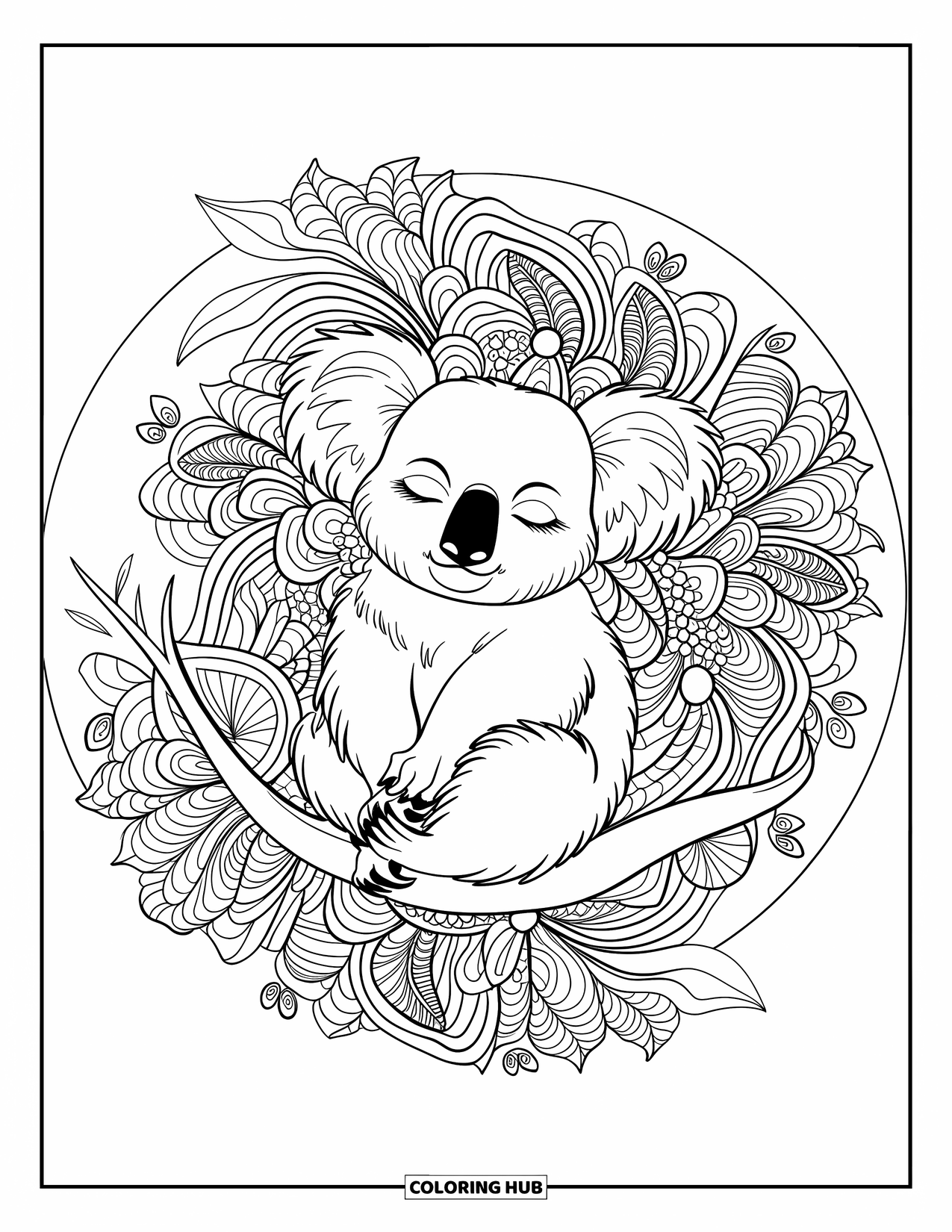 Kolorowanka z koalą dla dorosłych: Spokojna koala siedzi na gałęzi, otoczona skomplikowanymi kwiatowymi i wirującymi wzorami mandali