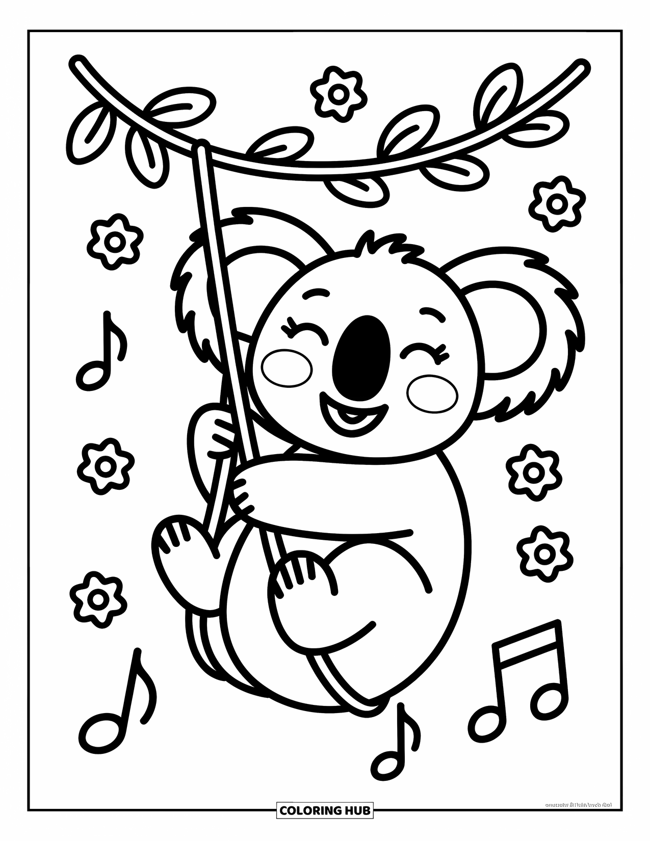 Kolorowanka z koalą dla dorosłych: Figlarna koala nuci melodię, huśtając się na lianie owiniętej drobnymi kwiatami