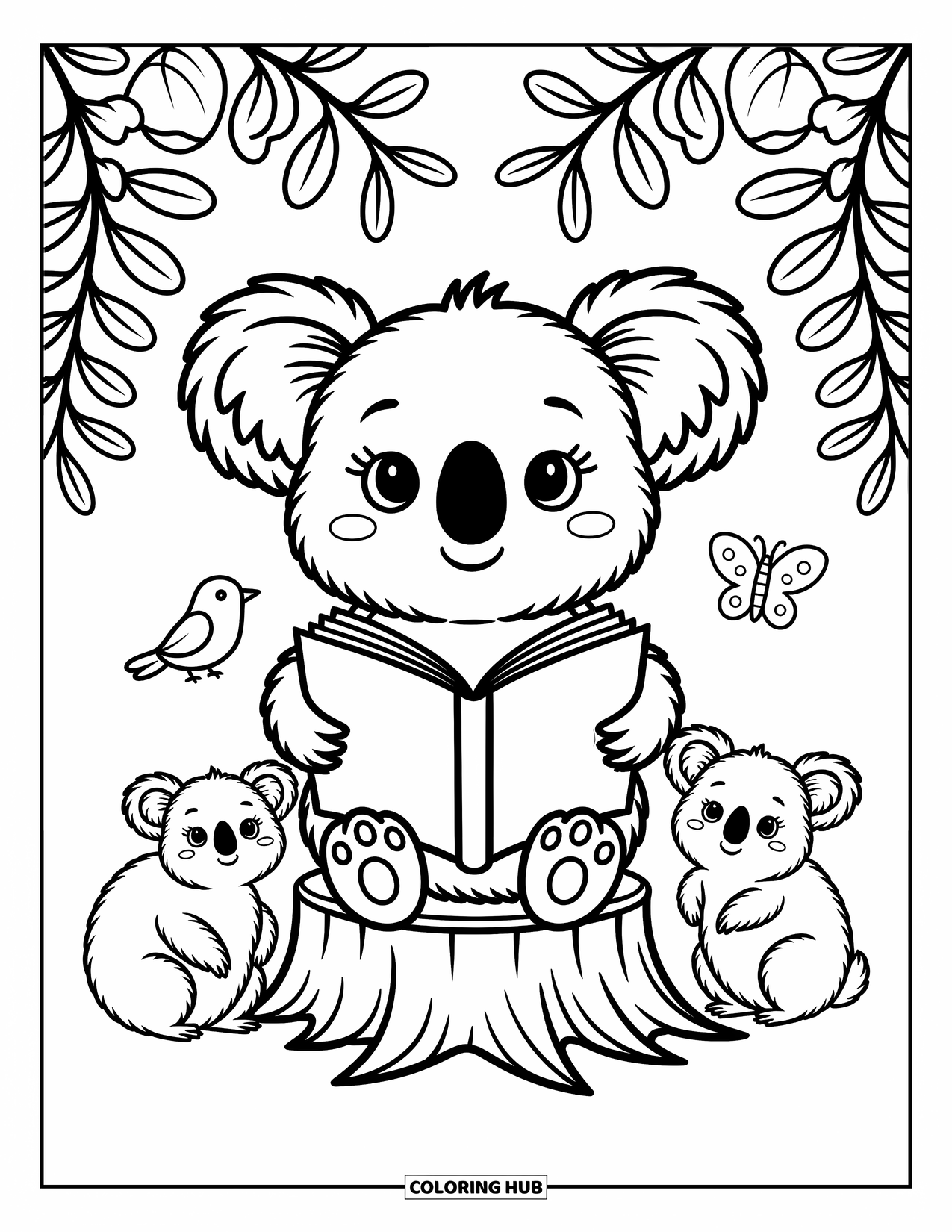 Kolorowanka z koalą dla dorosłych: Czytająca koala siedzi na pniu, z wombatem, ptakiem i motylem w pobliżu