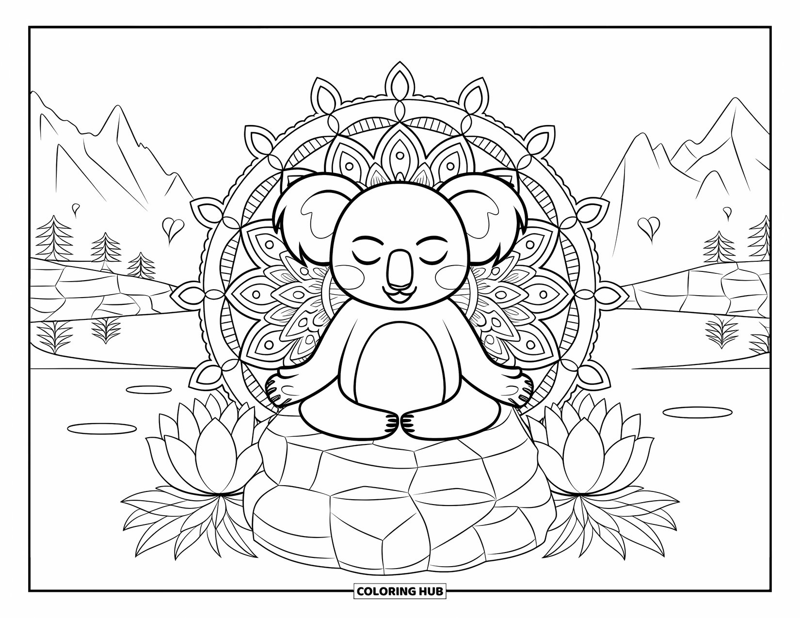 Kolorowanka z koalą dla dorosłych: Zrelaksowana koala siedzi na skale, medytując spokojnie z kwiatami lotosu i spokojnym jeziorem