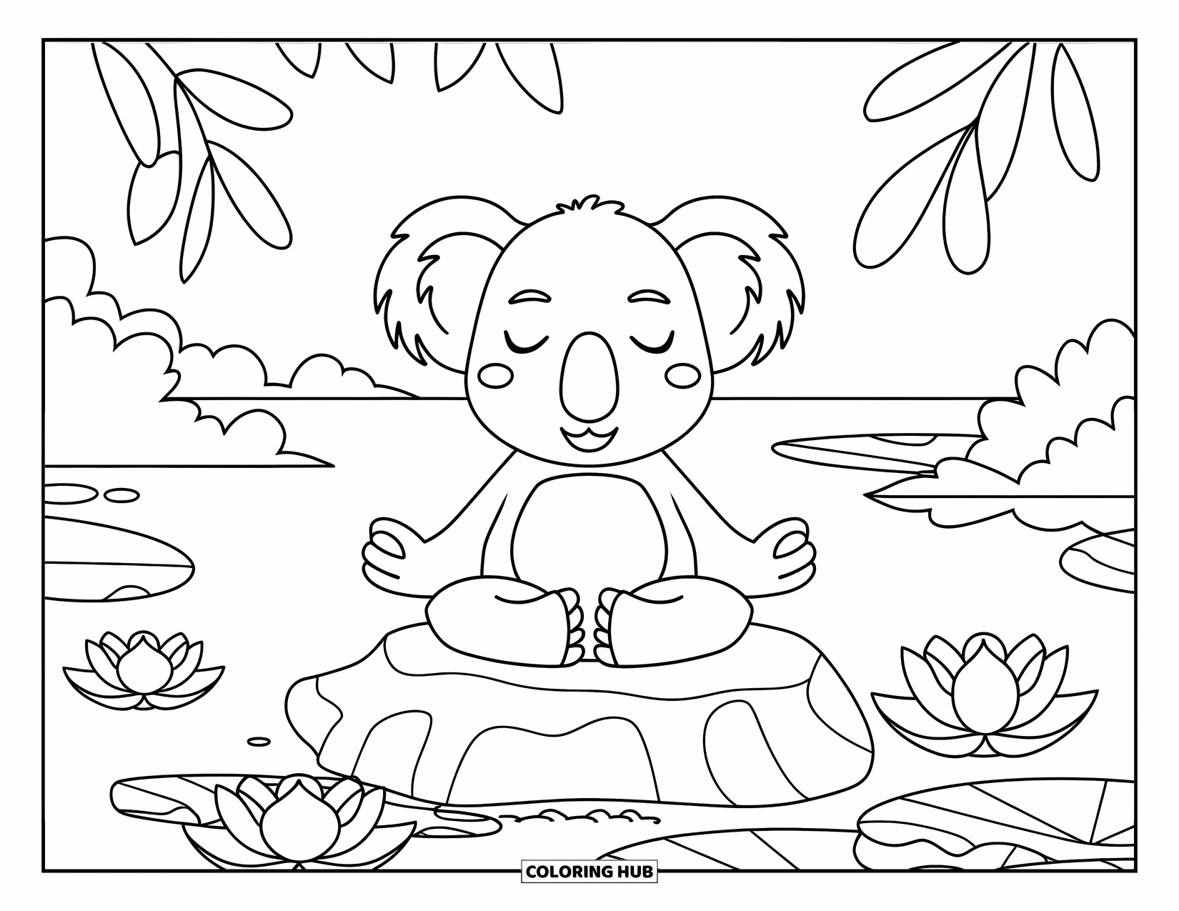Kolorowanka z koalą dla dorosłych: Spokojna koala w medytacyjnej pozie siedzi wśród kwiatów lotosu, z górami i drzewami w tle