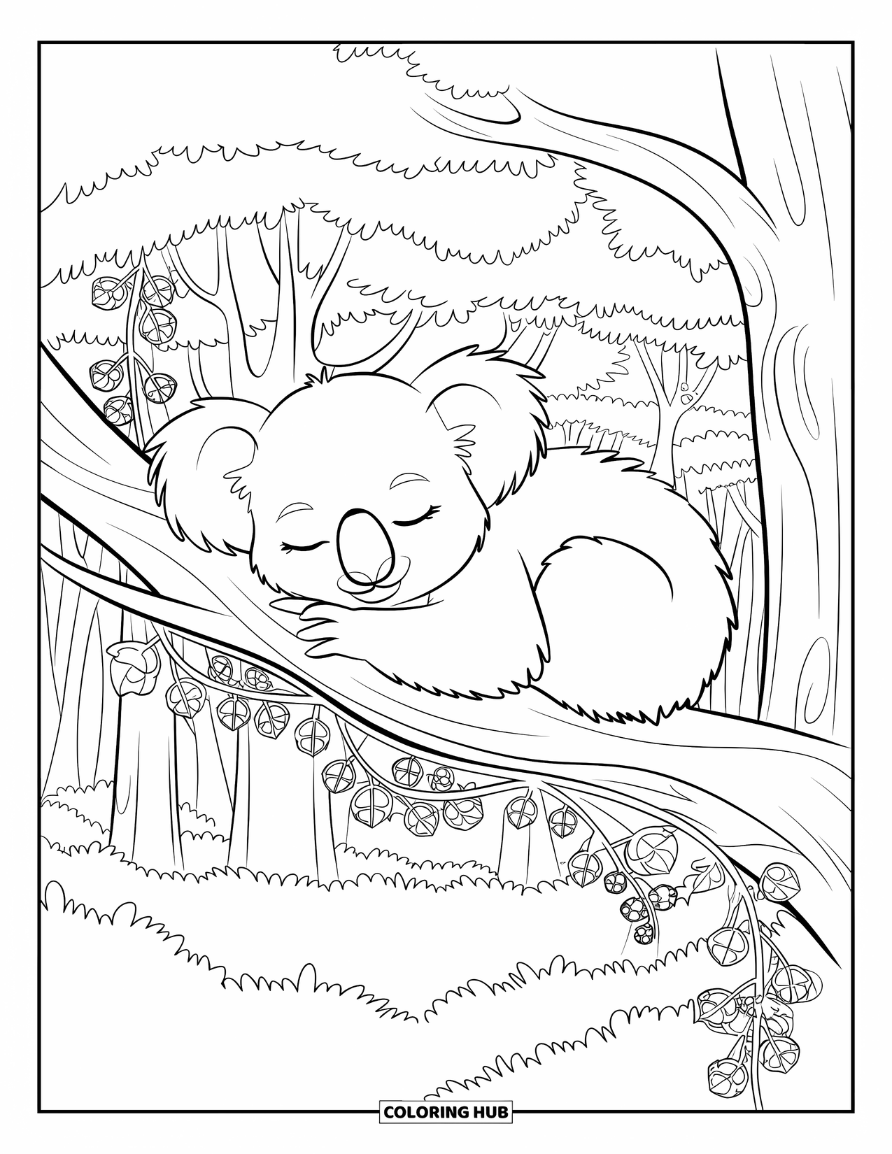 Kolorowanka z koalą dla dorosłych: Śpiąca koala zwija się na gałęzi, otoczona eleganckimi pnączami i kwitnącymi kwiatami