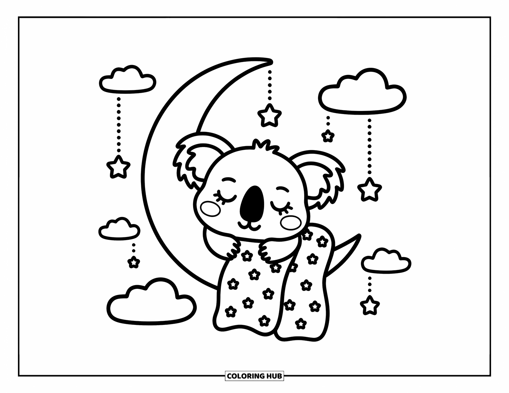 Kolorowanka z koalą dla dorosłych: Śpiąca koala wtula się w przytulny koc, odpoczywając na świecącym rogaliku księżyca