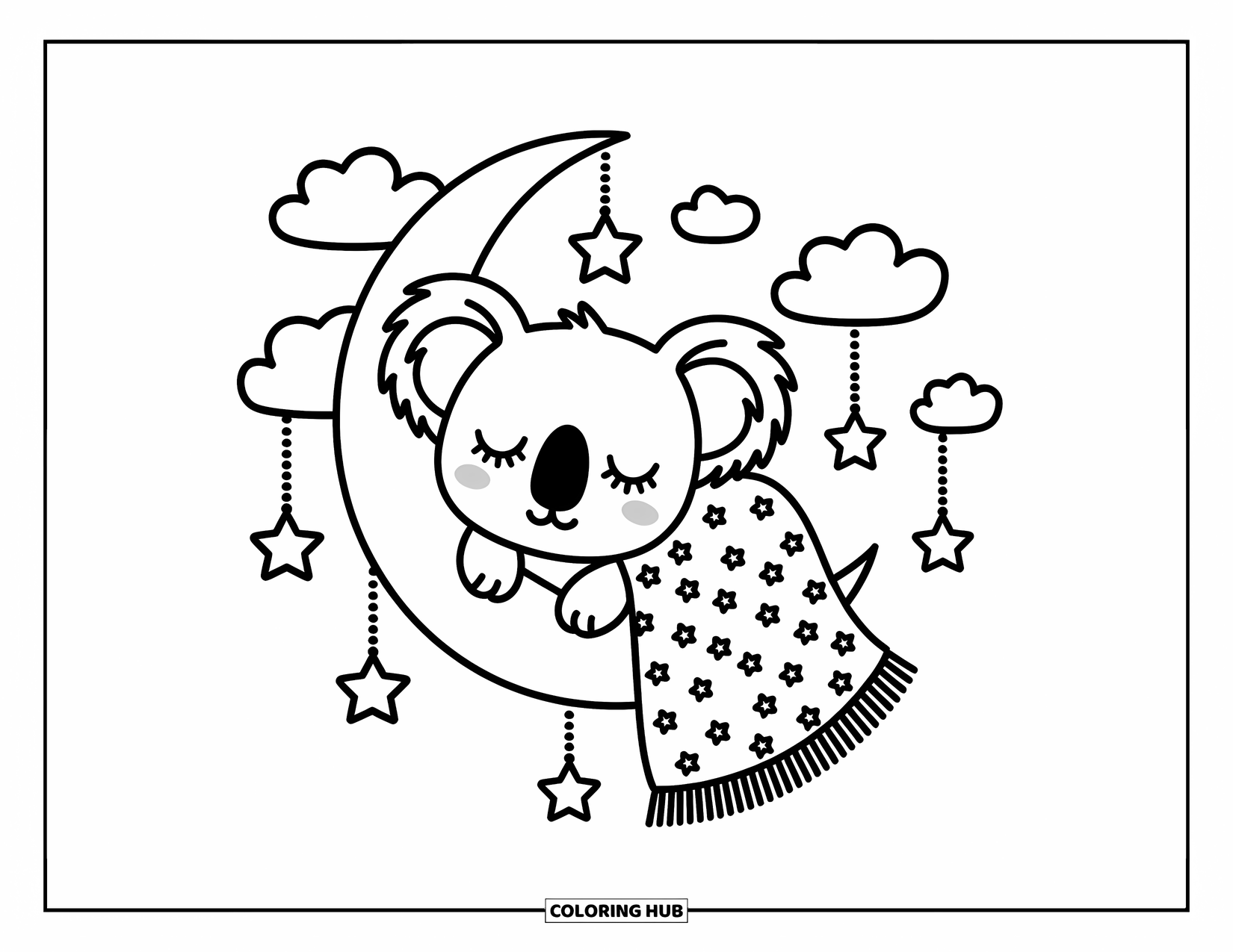 Kolorowanka z koalą dla dorosłych: Śpiąca koala śpi na rogaliku księżyca, owinięta w gwiaździsty koc z pływającymi chmurami