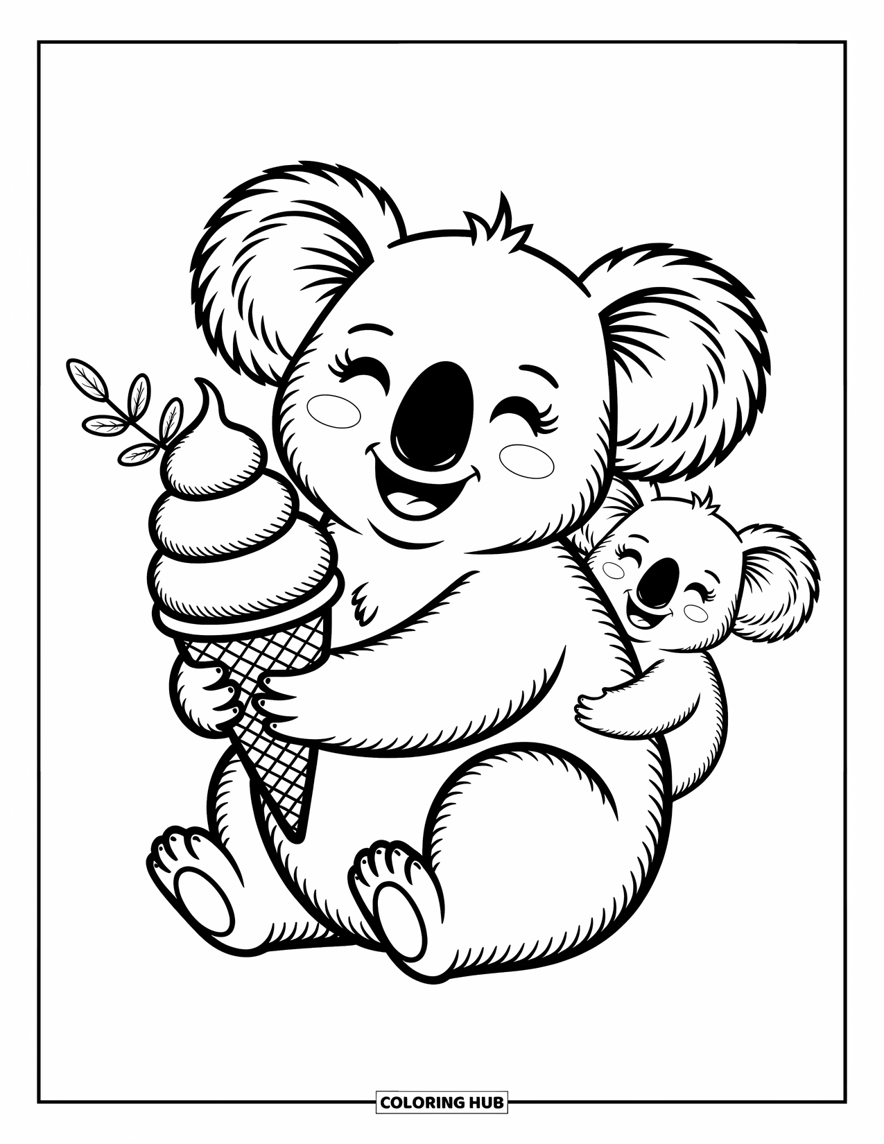 Kolorowanka z koalą dla dorosłych: Uśmiechnięta koala trzyma loda, a mała koala wyciąga rękę po kęs