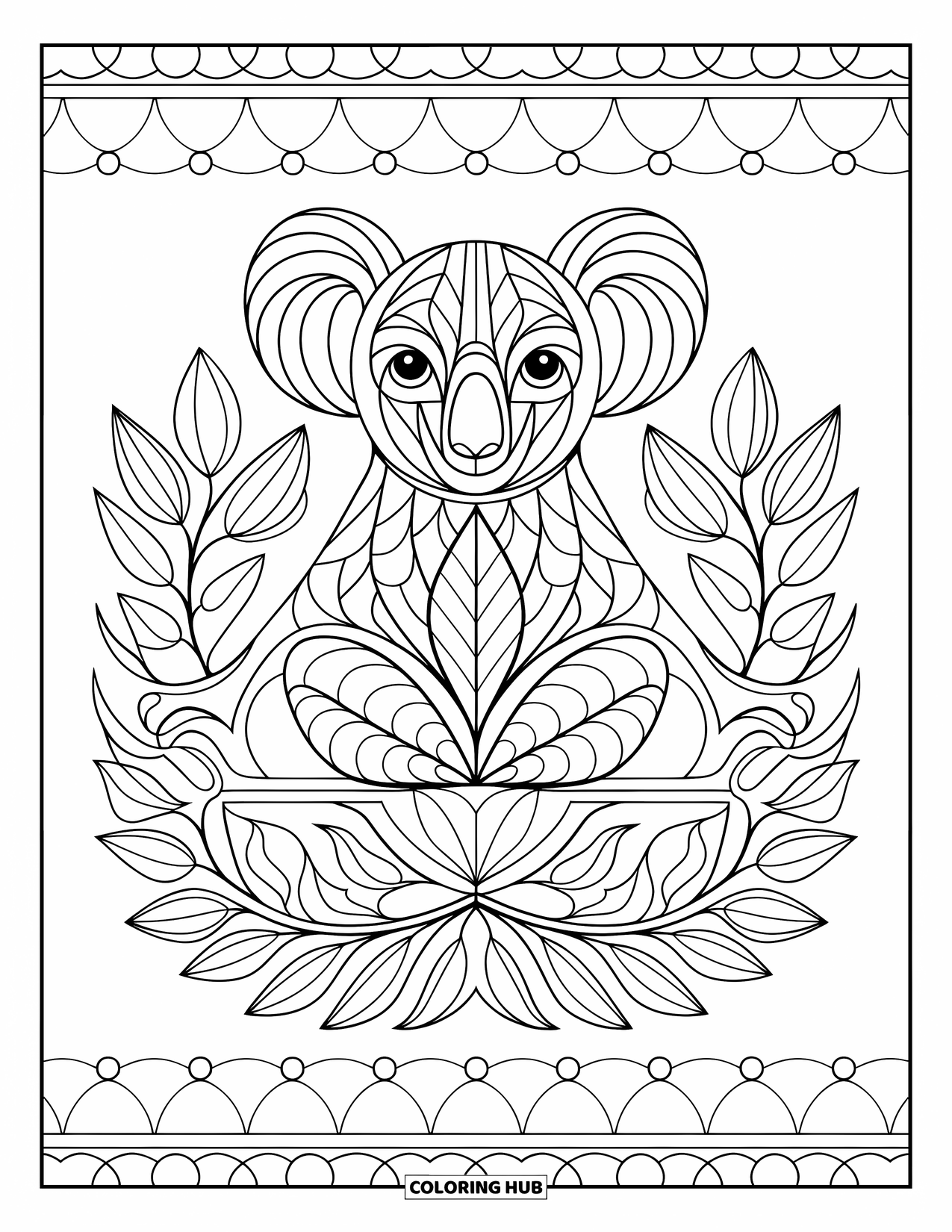 Kolorowanka z koalą dla dorosłych: Stylizowana koala z geometrycznymi i kwiatowymi wzorami siedzi w zrównoważonym, symetrycznym projekcie
