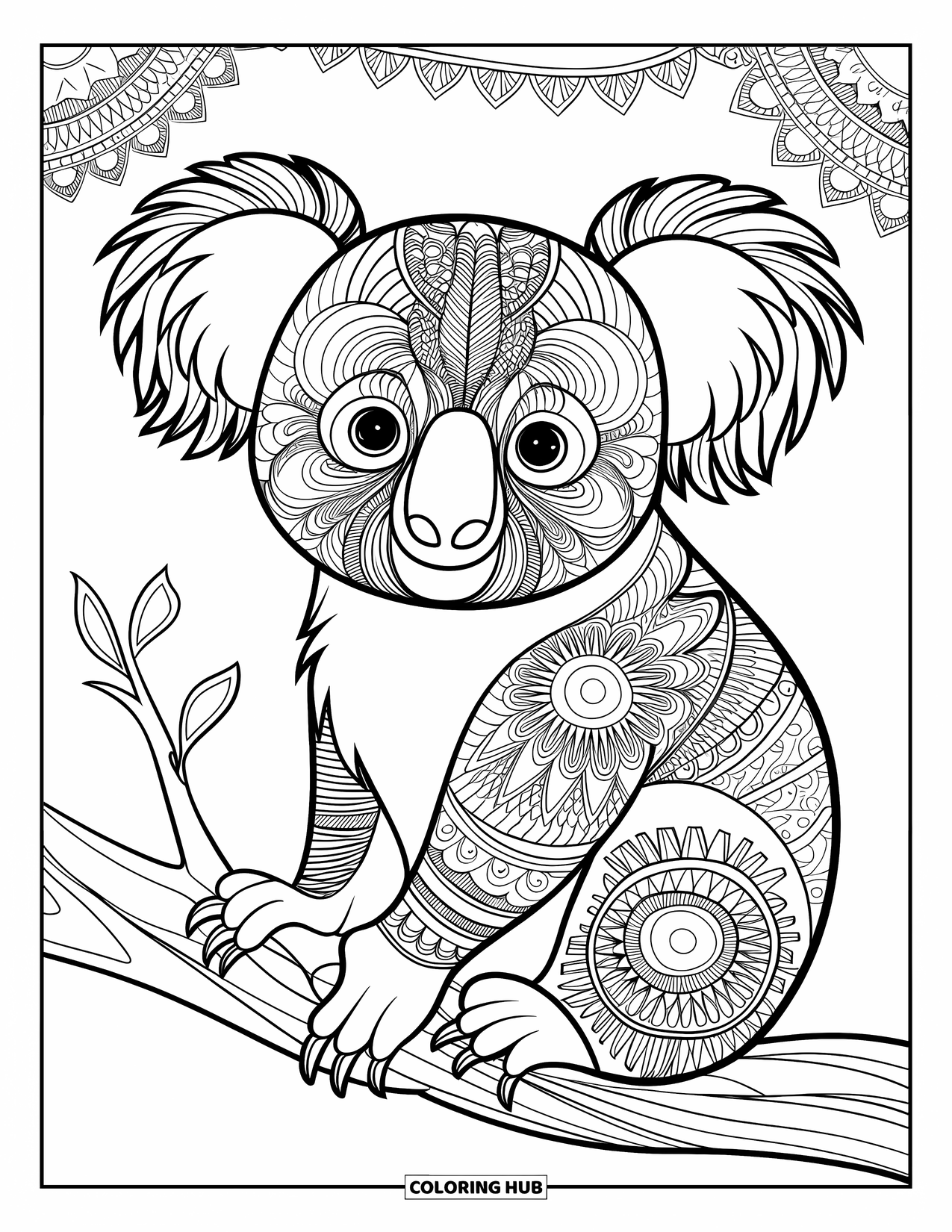 Kolorowanka z koalą dla dorosłych: Stylizowana koala ze skomplikowanymi wzorami futra zentangle siedzi na gałęzi w szczegółowym lesie