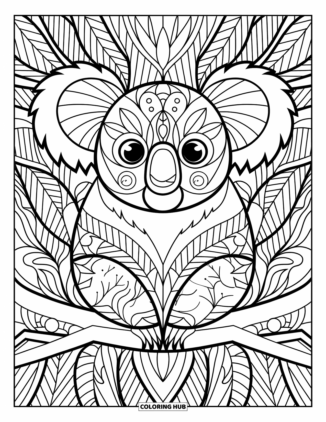 Kolorowanka z koalą dla dorosłych: Symetryczny wzór koali zawiera skomplikowane liście, geometryczne detale i eleganckie wzory
