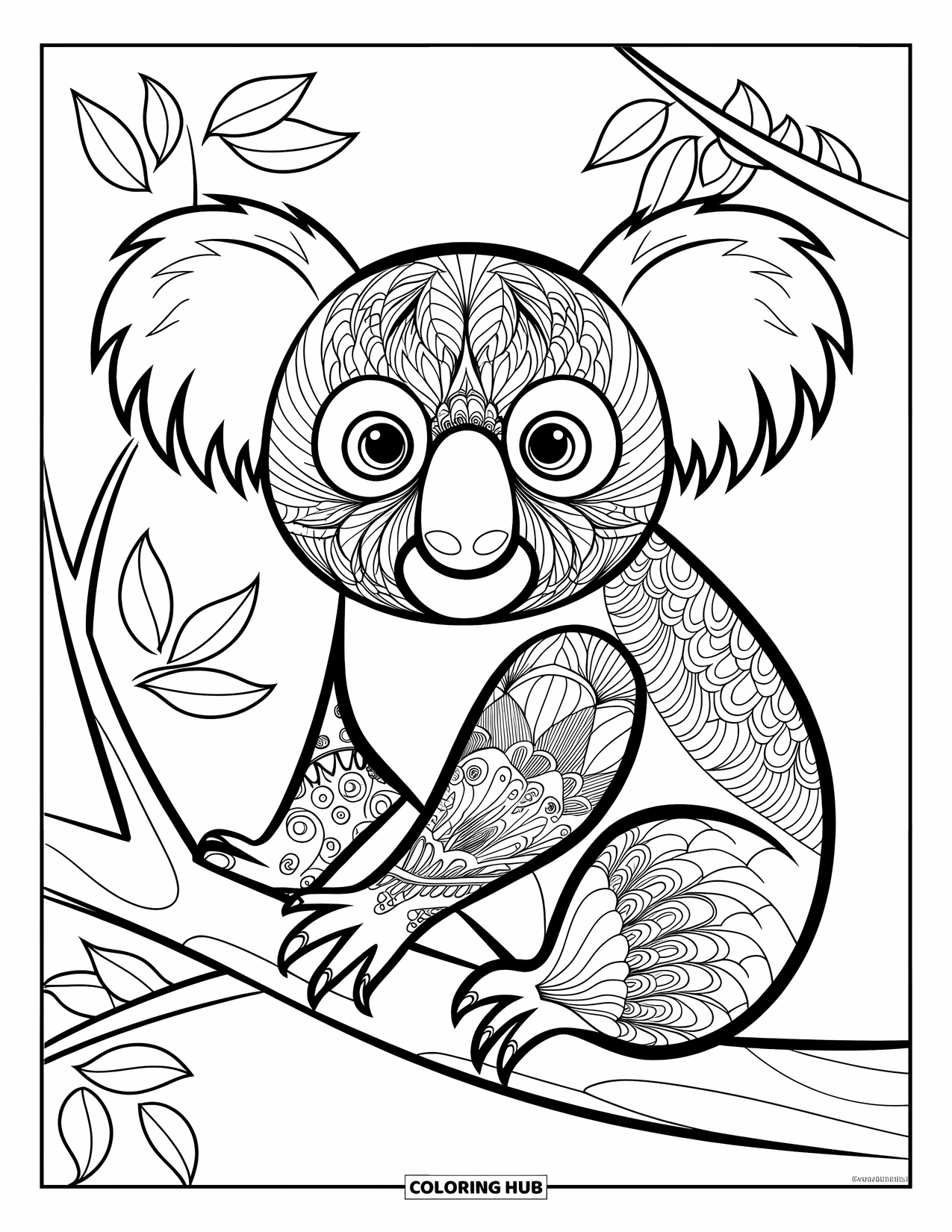 Kolorowanka z koalą dla dorosłych: Koala w stylu zentangle siedzi na gałęzi, otoczona wirującymi liśćmi i kwiatowymi wzorami