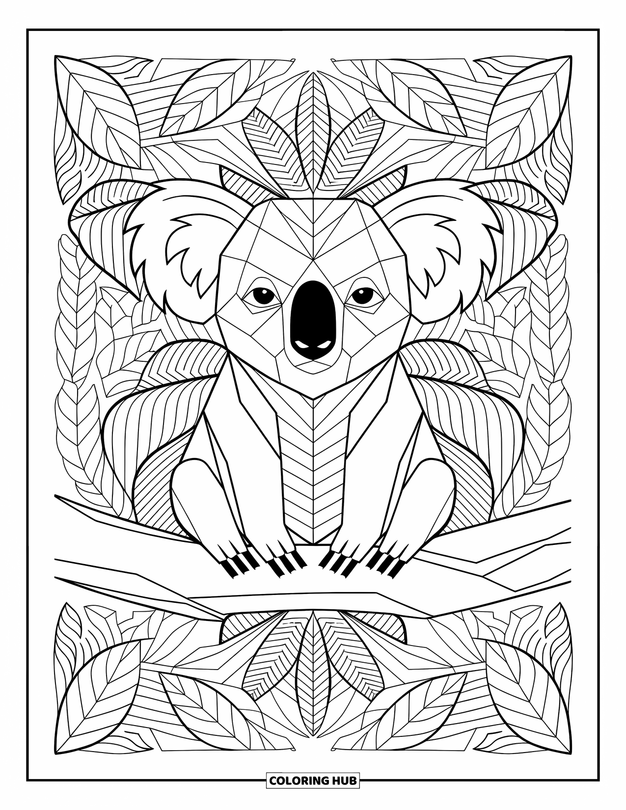 Kolorowanka z koalą dla dorosłych: Ozdobna koala z symetrycznym liściem i geometrycznym wzorem odpoczywa w eleganckim wzorze