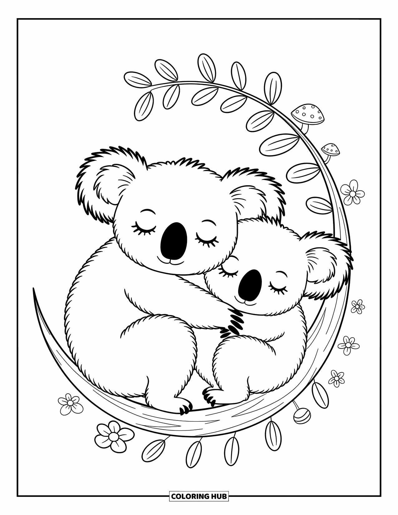 Kolorowanka z koalą dla dorosłych: Dwie koale odpoczywają razem na gałęzi, otoczone drobnymi kwiatkami i zwijającymi się liśćmi
