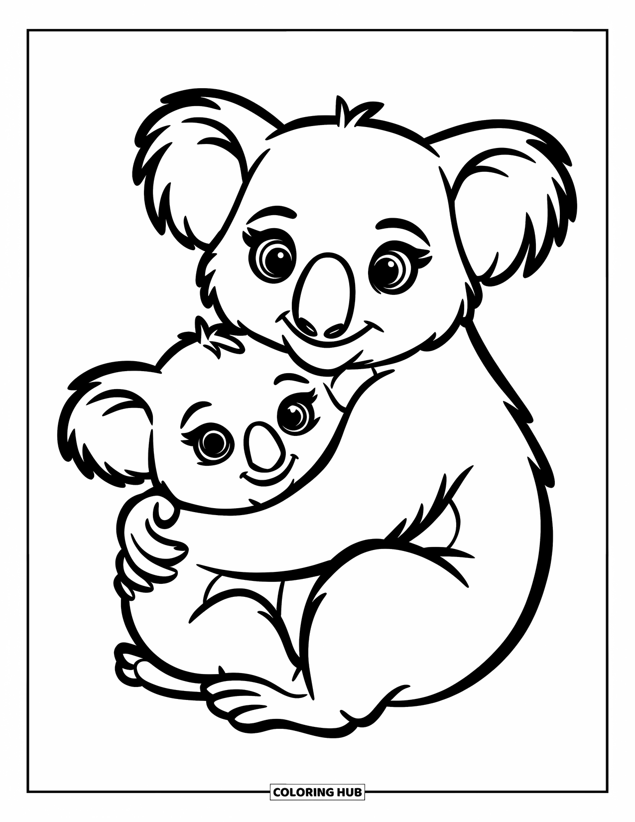 Kolorowanka z koalą dla dzieci: Mała koala mocno przytula swoją mamę, obie wtulone w siebie z miłością