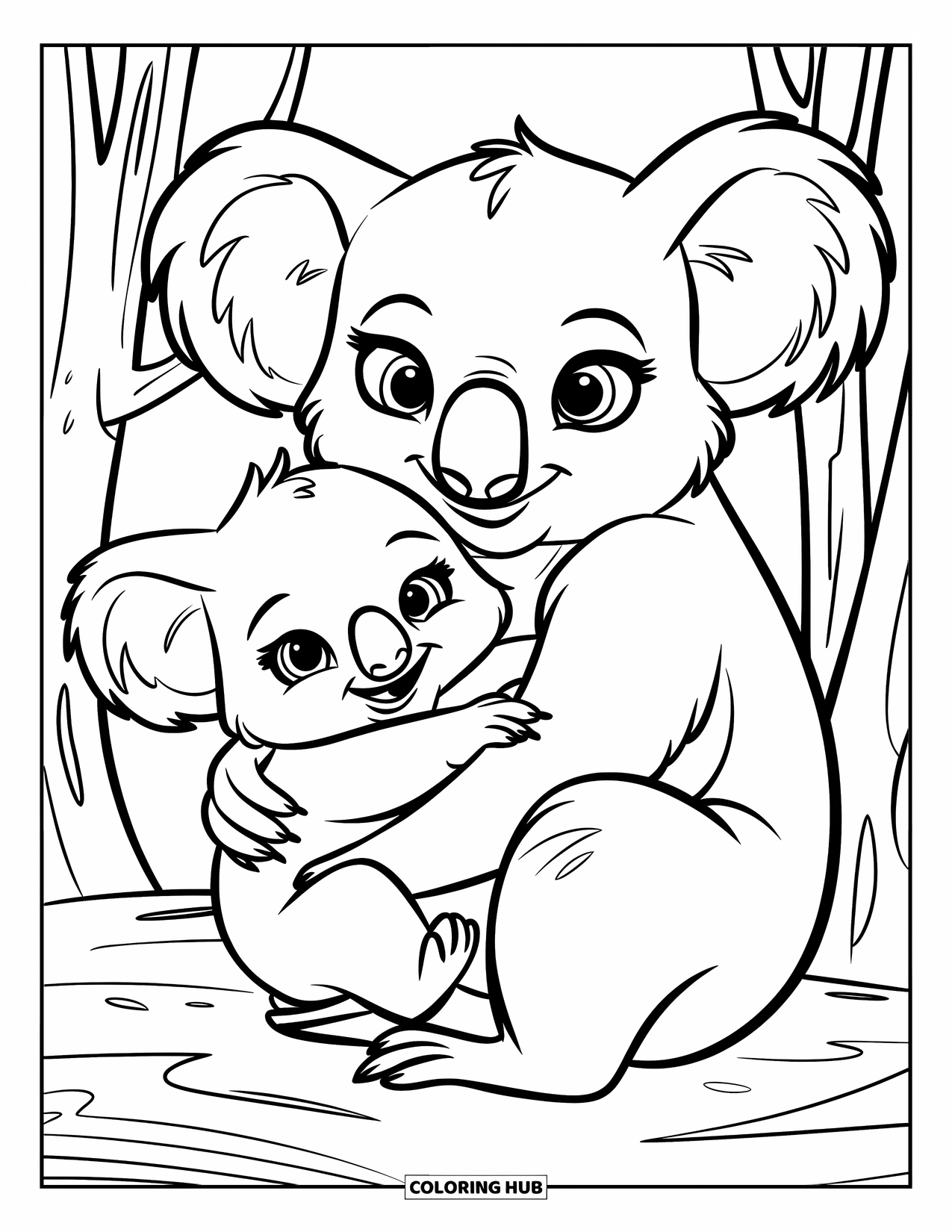 Kolorowanka z koalą dla dzieci: Mała koala obejmuje ramionami swoją mamę w słodkim uścisku