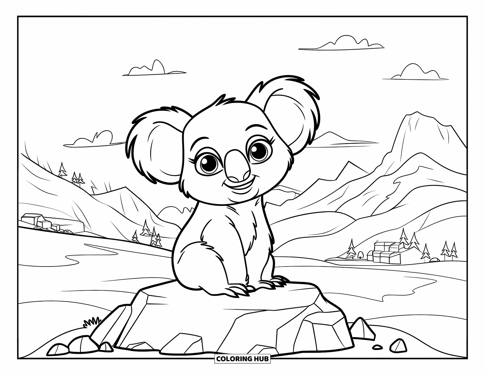 Kolorowanka z koalą dla dzieci: Koala z dużymi oczami w czerwonej koszulce siedzi na skalistej powierzchni z górami i budynkami w tle