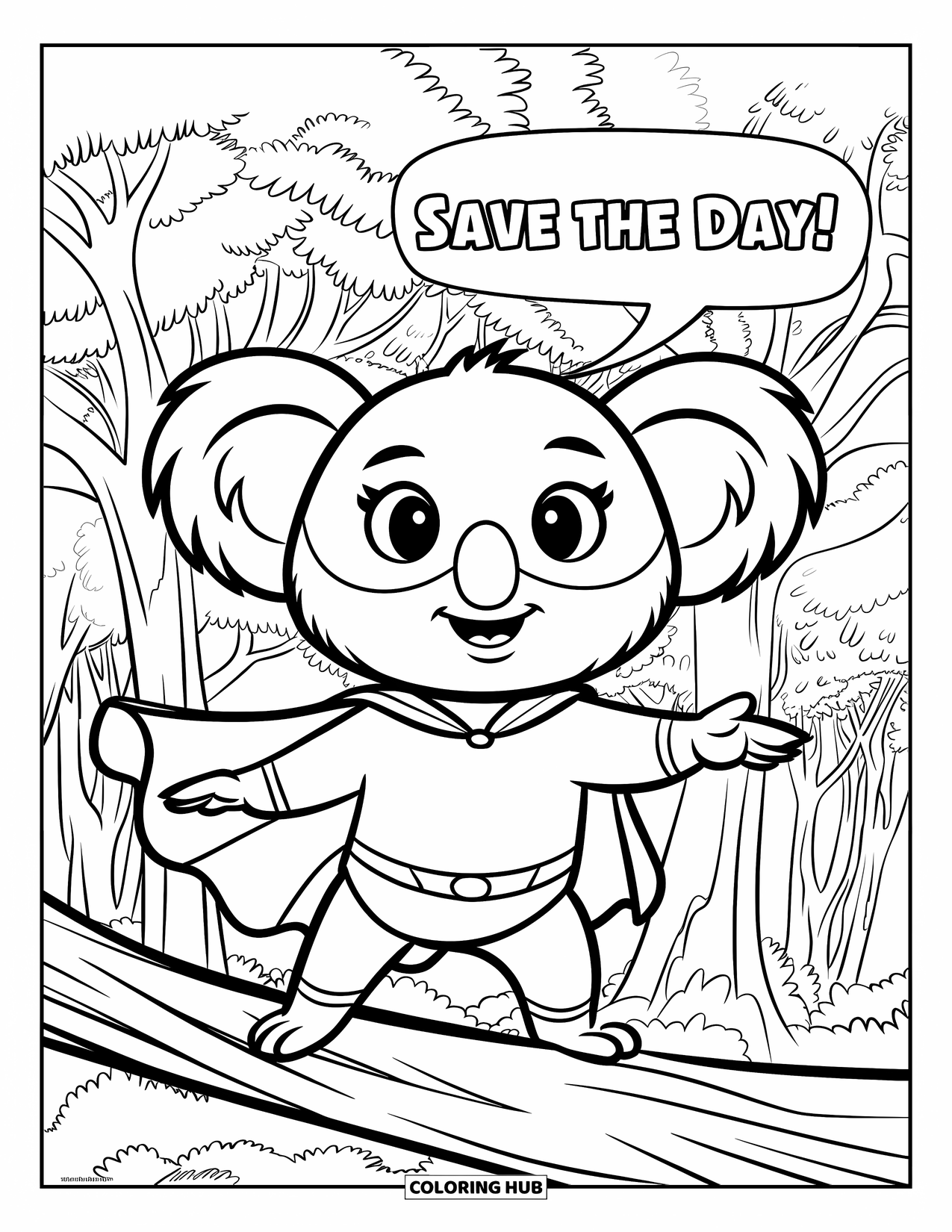 Kolorowanka z koalą dla dzieci: Koala w pelerynie pozuje bohatersko na gałęzi, deklarując: "Ocalić dzień!"