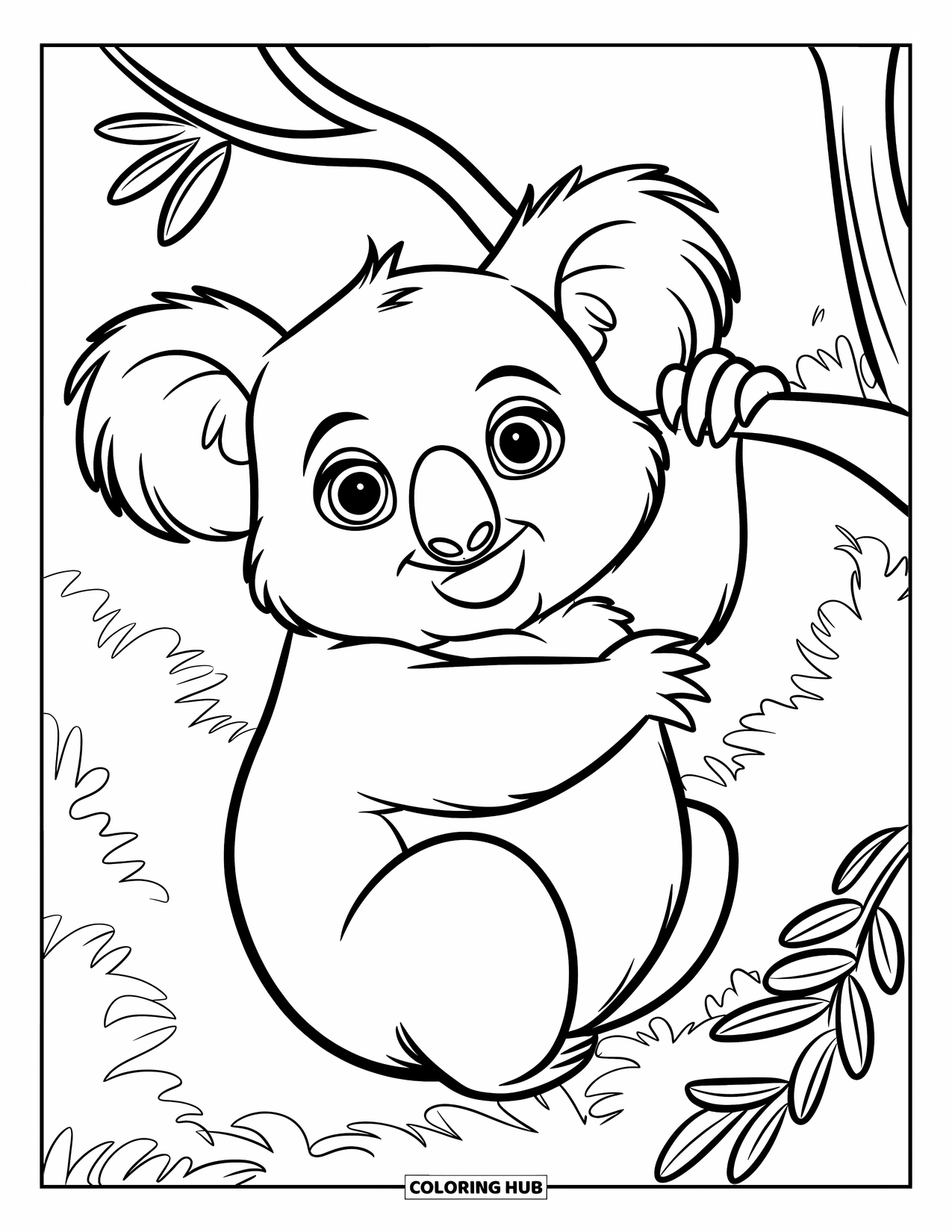 Kolorowanka z koalą dla dzieci: Bezczelna koala zwisa z gałęzi, otoczona gęstym lasem
