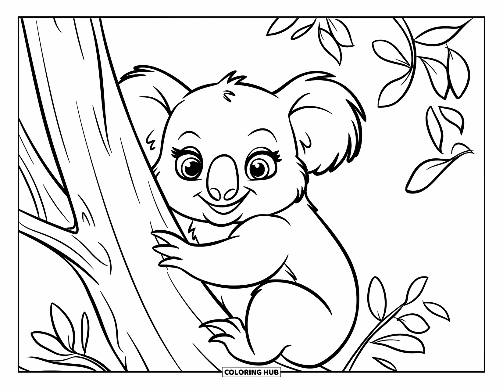 Kolorowanka z koalą dla dzieci: Wesoła koala wygląda zza pnia drzewa, otoczona kilkoma liśćmi
