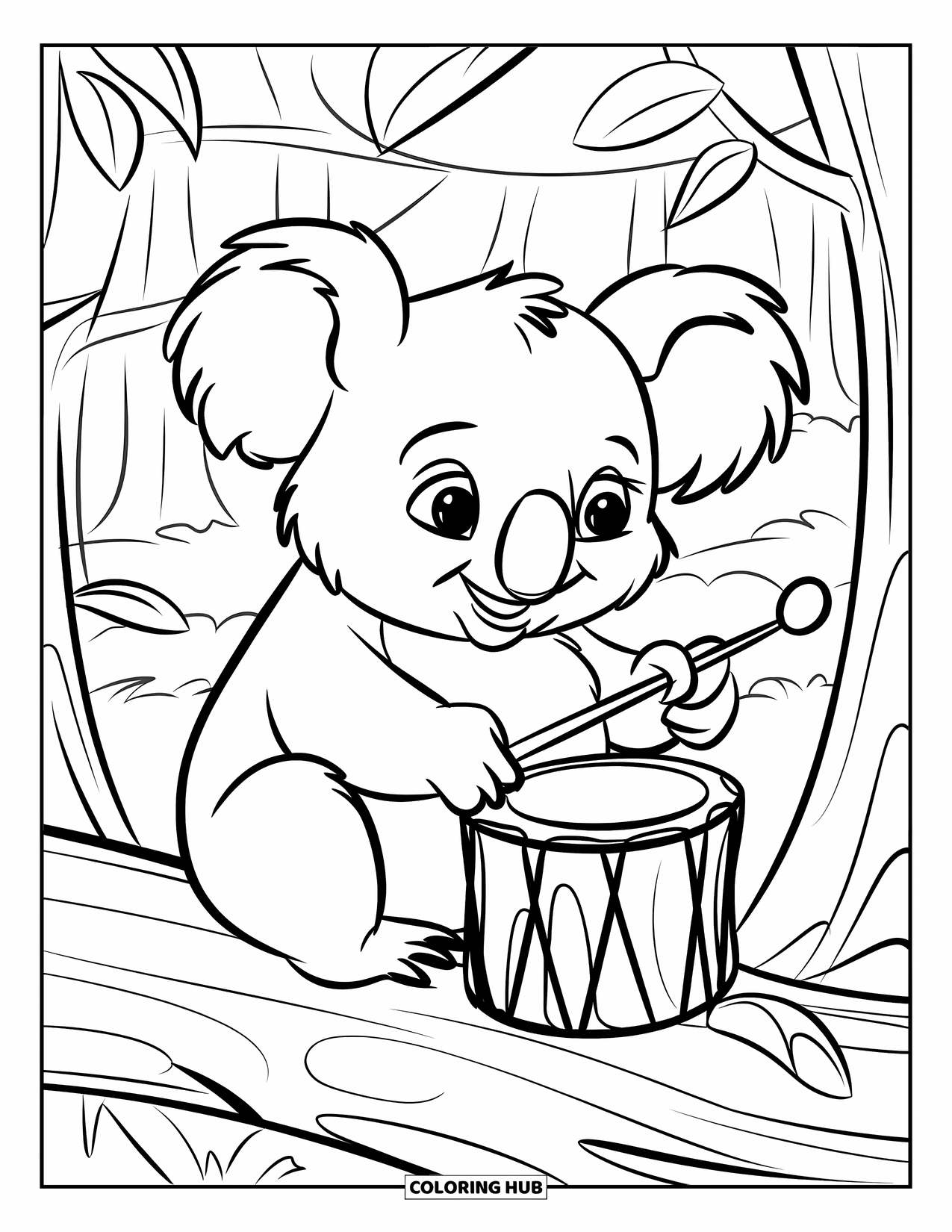 Kolorowanka z koalą dla dzieci: Wesoła koala gra na maleńkim bębenku na kłodzie, otoczona spokojnym lasem
