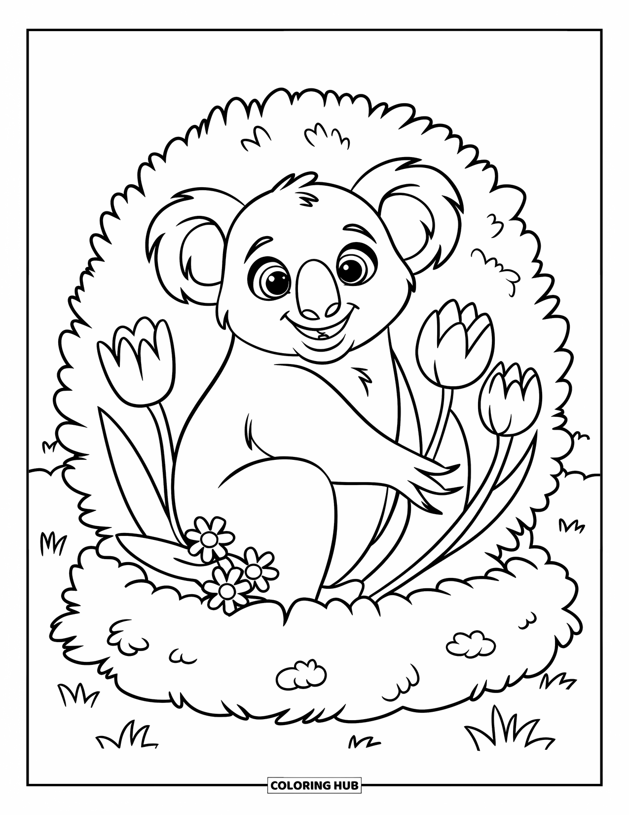 Kolorowanka z koalą dla dzieci: Wesoła koala siedzi w okrągłym krzaku, otoczona prostymi kwiatami stokrotek