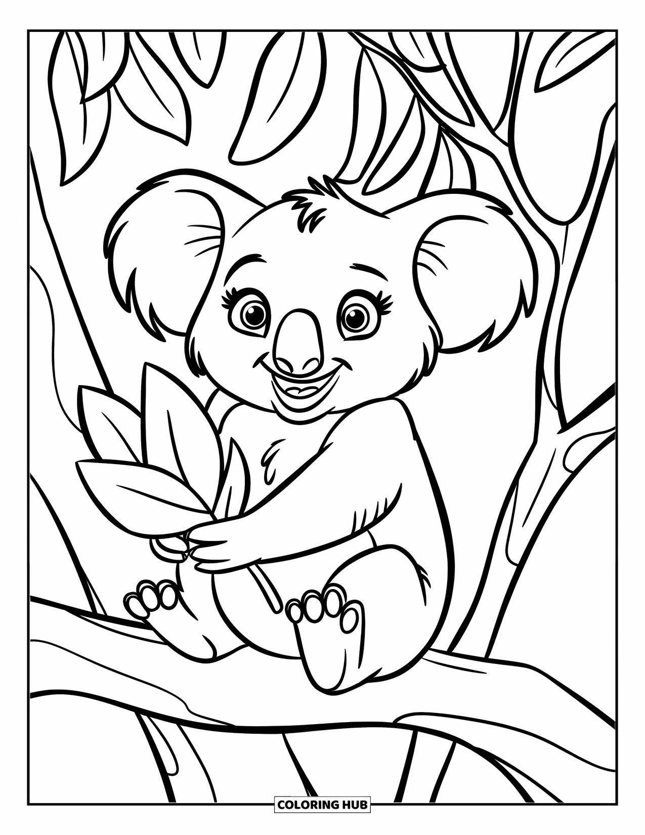 Kolorowanka z koalą dla dzieci: Wesoła koala siedzi na gałęzi, trzymając świeży liść eukaliptusa