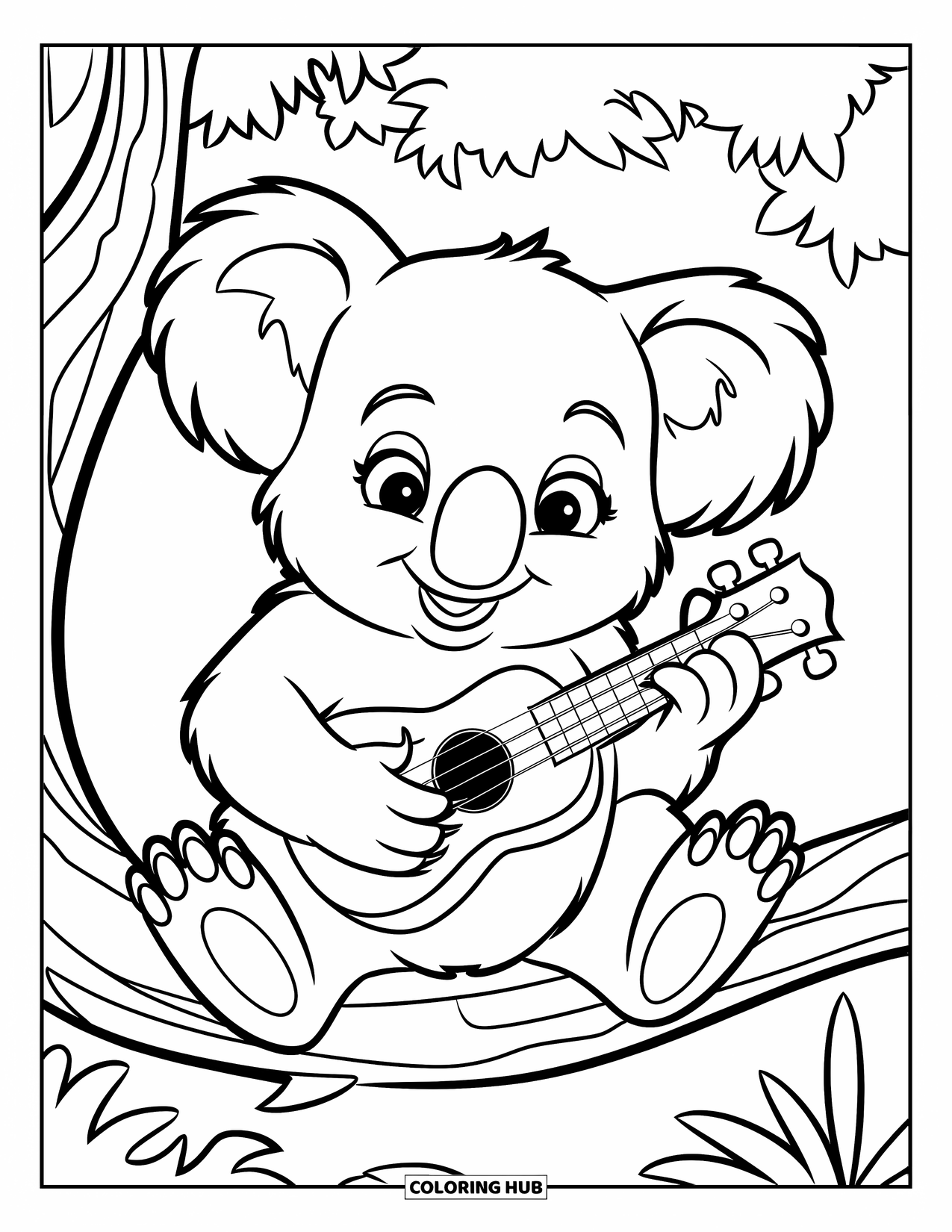 Kolorowanka z koalą dla dzieci: Wesoła koala brzdąka na małym ukulele, siedząc na gałęzi drzewa