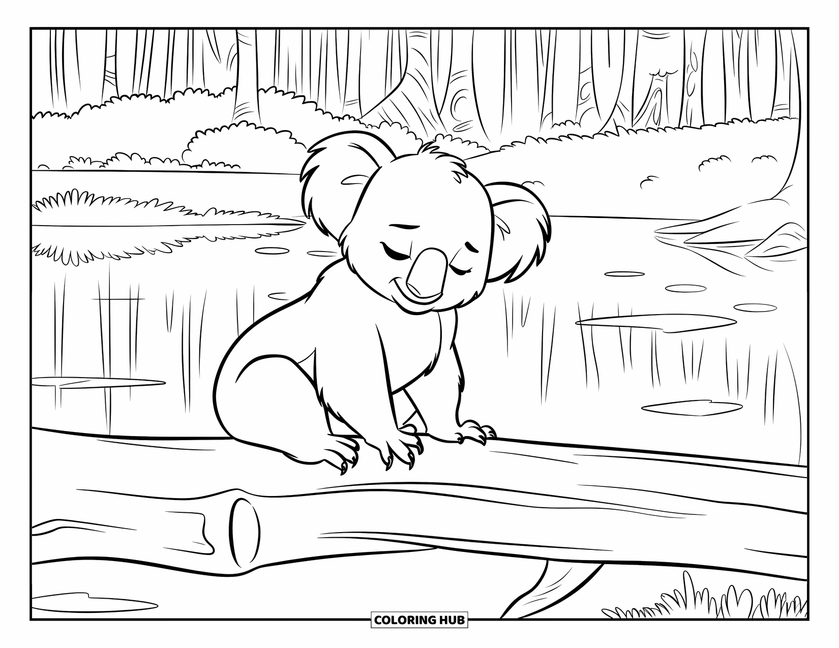 Kolorowanka z koalą dla dzieci: Zadowolona koala siedzi na kłodzie nad spokojną wodą, z wysokimi drzewami w tle