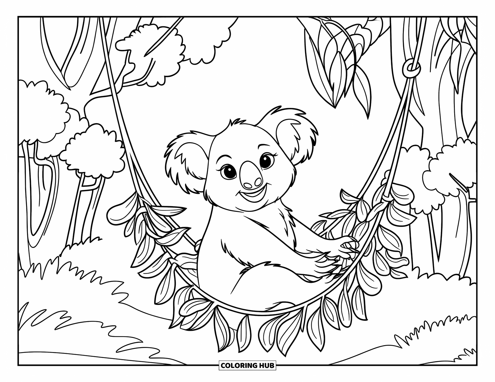 Kolorowanka z koalą dla dzieci: Przytulna koala wyleguje się w hamaku z liści, otoczona drzewami eukaliptusowymi