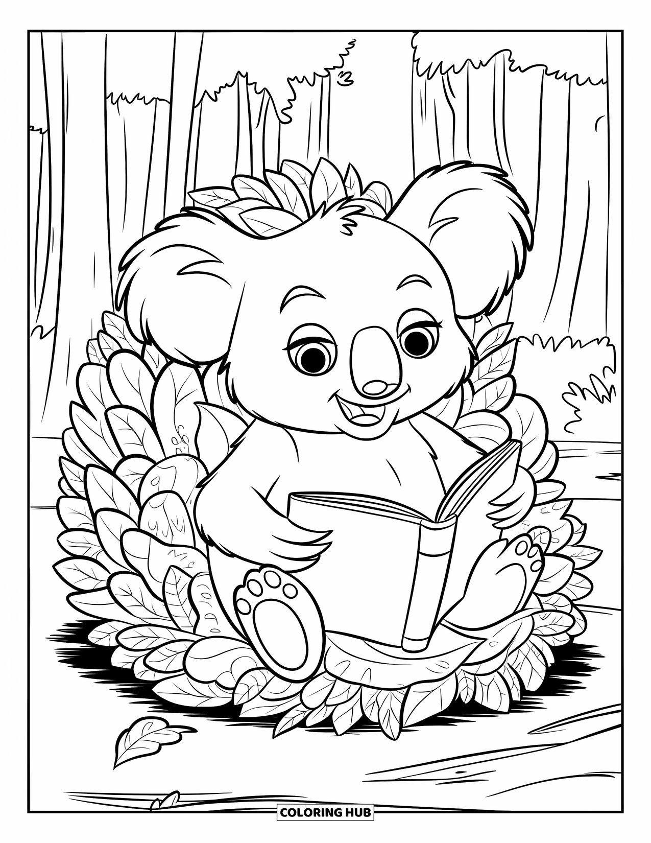 Kolorowanka z koalą dla dzieci: Przytulna koala siedzi na krześle z liści, czytając książkę wśród wysokich drzew