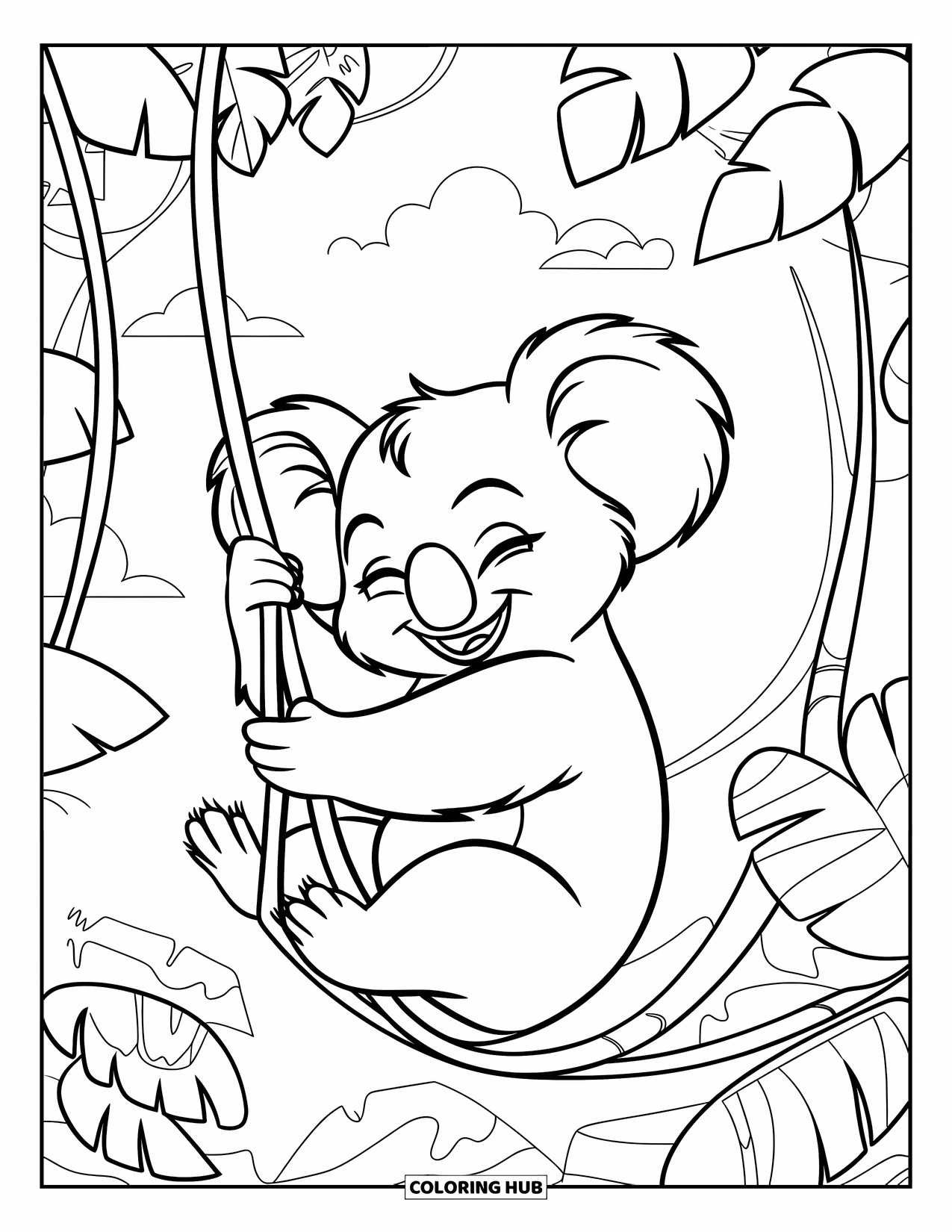 Kolorowanka z koalą dla dzieci: Zachwycona koala huśta się na lianie, otoczona liśćmi dżungli i jasnym niebem