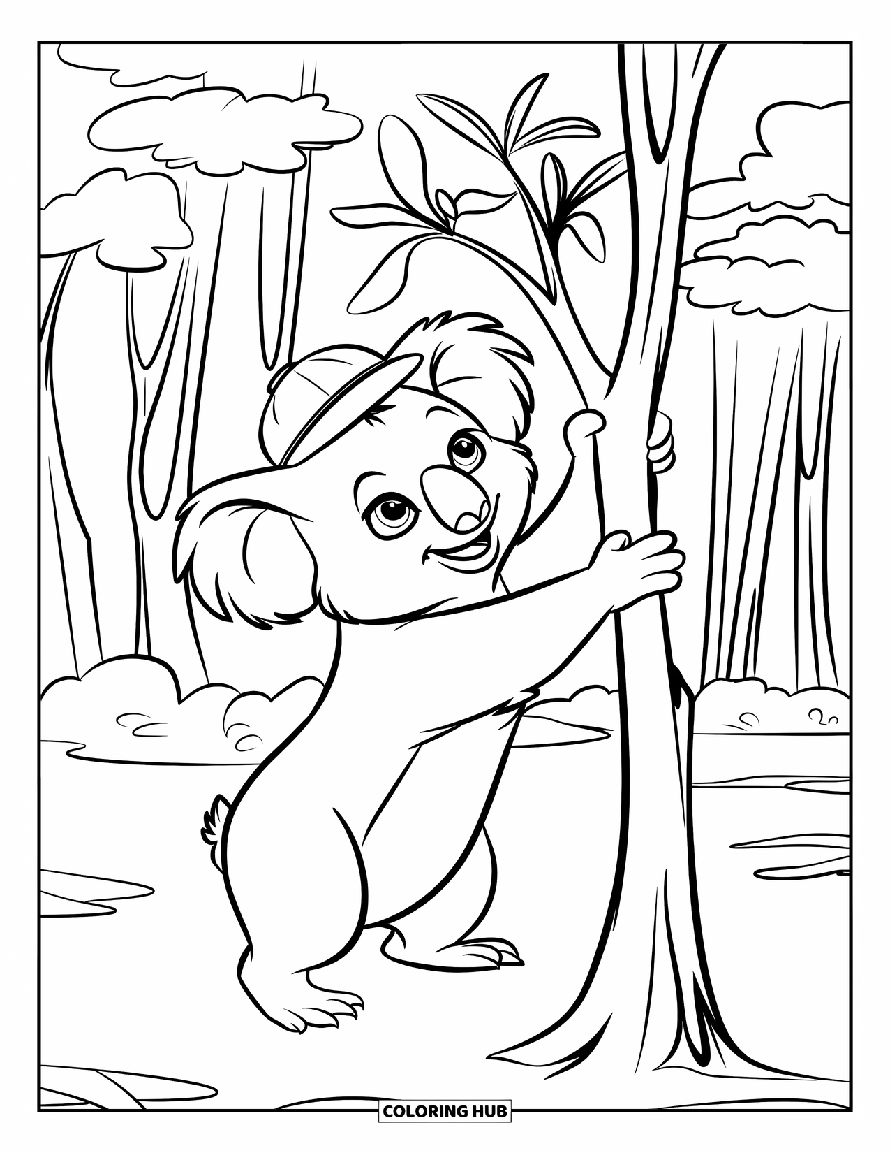 Kolorowanka z koalą dla dzieci: Zdeterminowana koala wyciąga się, aby złapać gałązkę eukaliptusa w cichym lesie