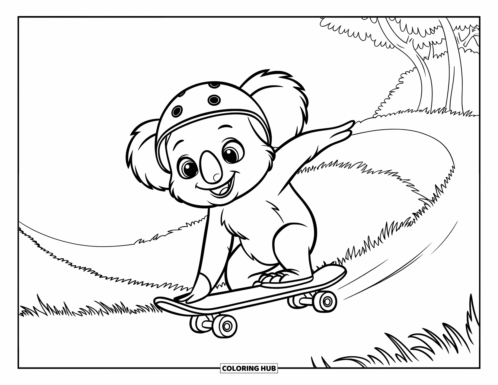Kolorowanka z koalą dla dzieci: Szczęśliwa koala jeździ na deskorolce w dół wzgórza, ciesząc się bryzą i otwartym niebem