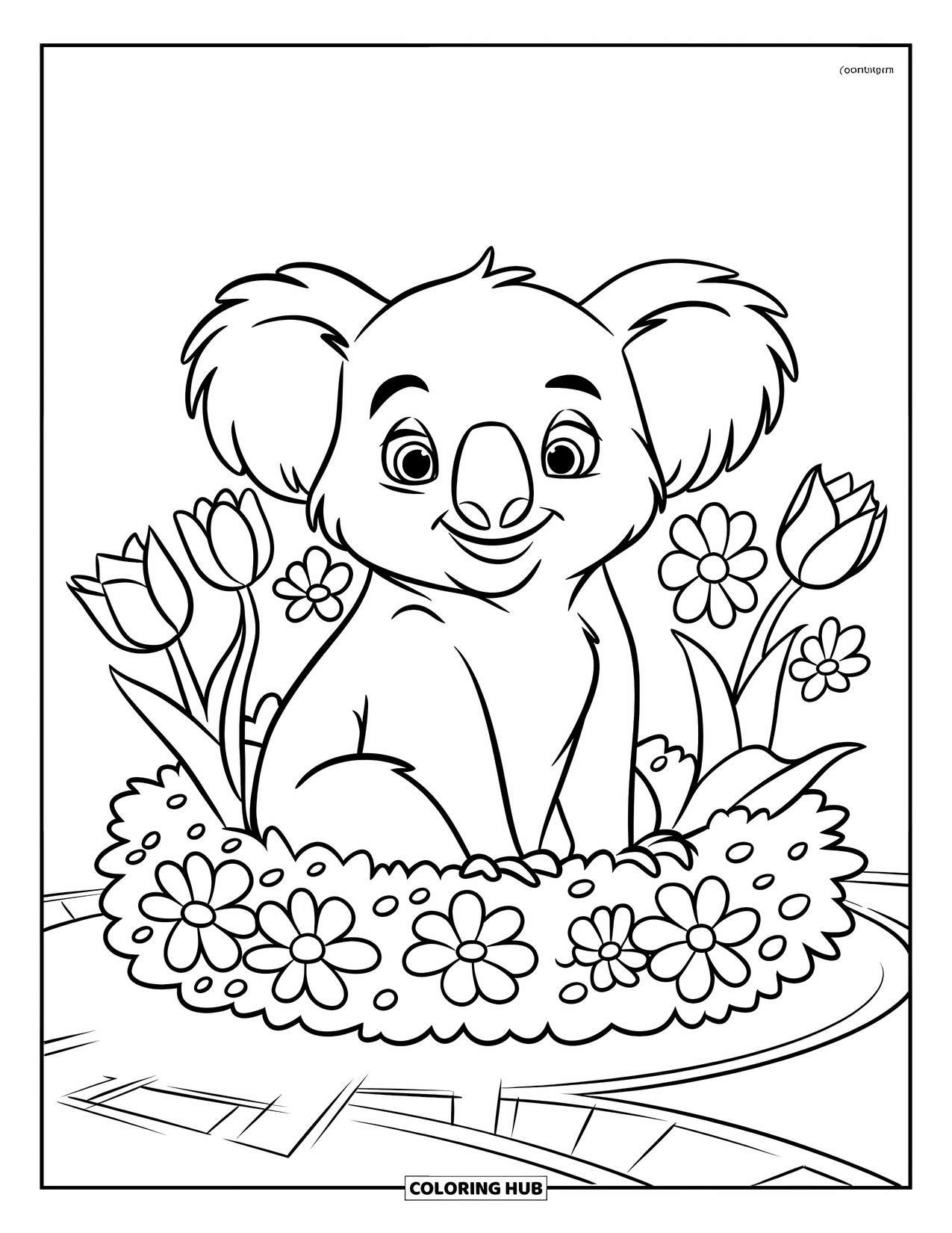 Kolorowanka z koalą dla dzieci: Szczęśliwa koala siedzi w krzaku w pobliżu ścieżki, uśmiechając się do krajobrazu