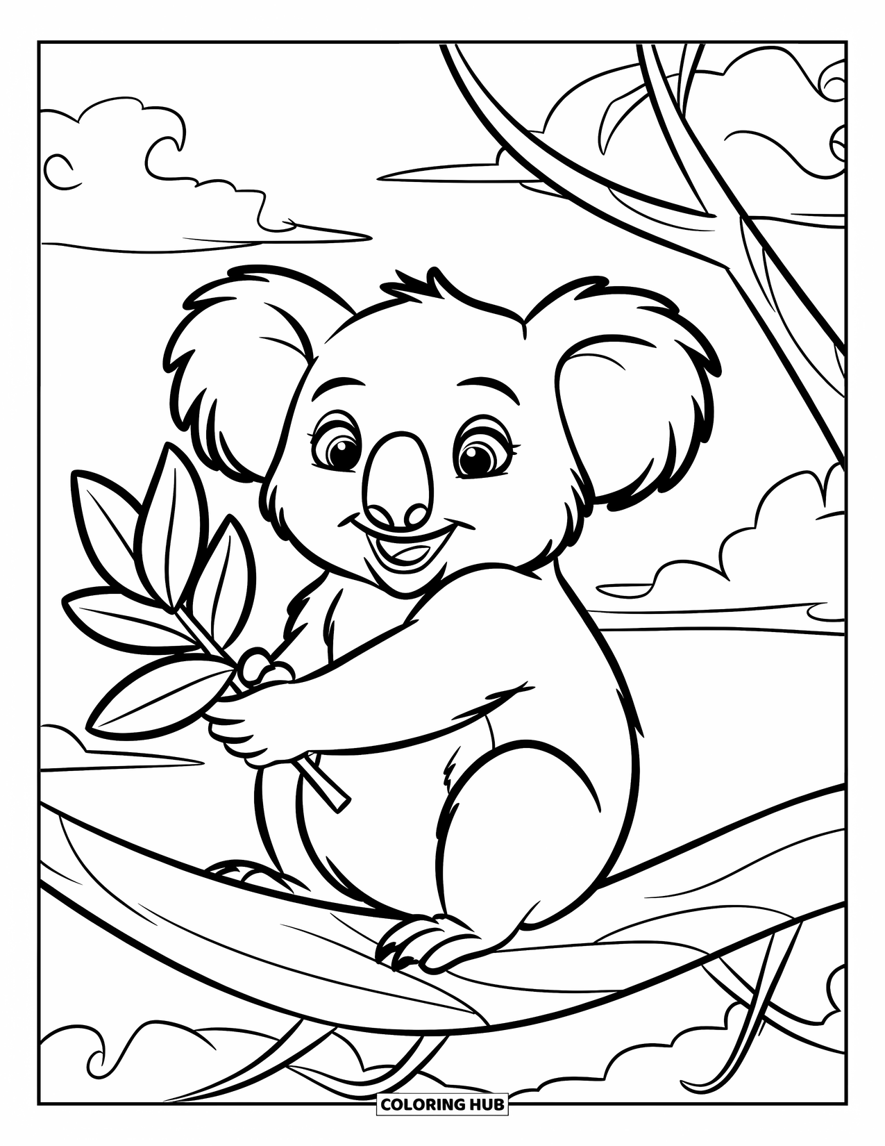 Kolorowanka z koalą dla dzieci: Szczęśliwa koala siedzi na gałęzi, trzymając liść eukaliptusa z dużym uśmiechem