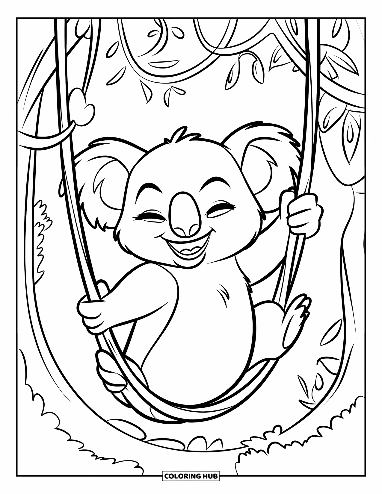 Kolorowanka z koalą dla dzieci: Szczęśliwa koala huśta się w dżungli, trzymając się liany z dużym uśmiechem