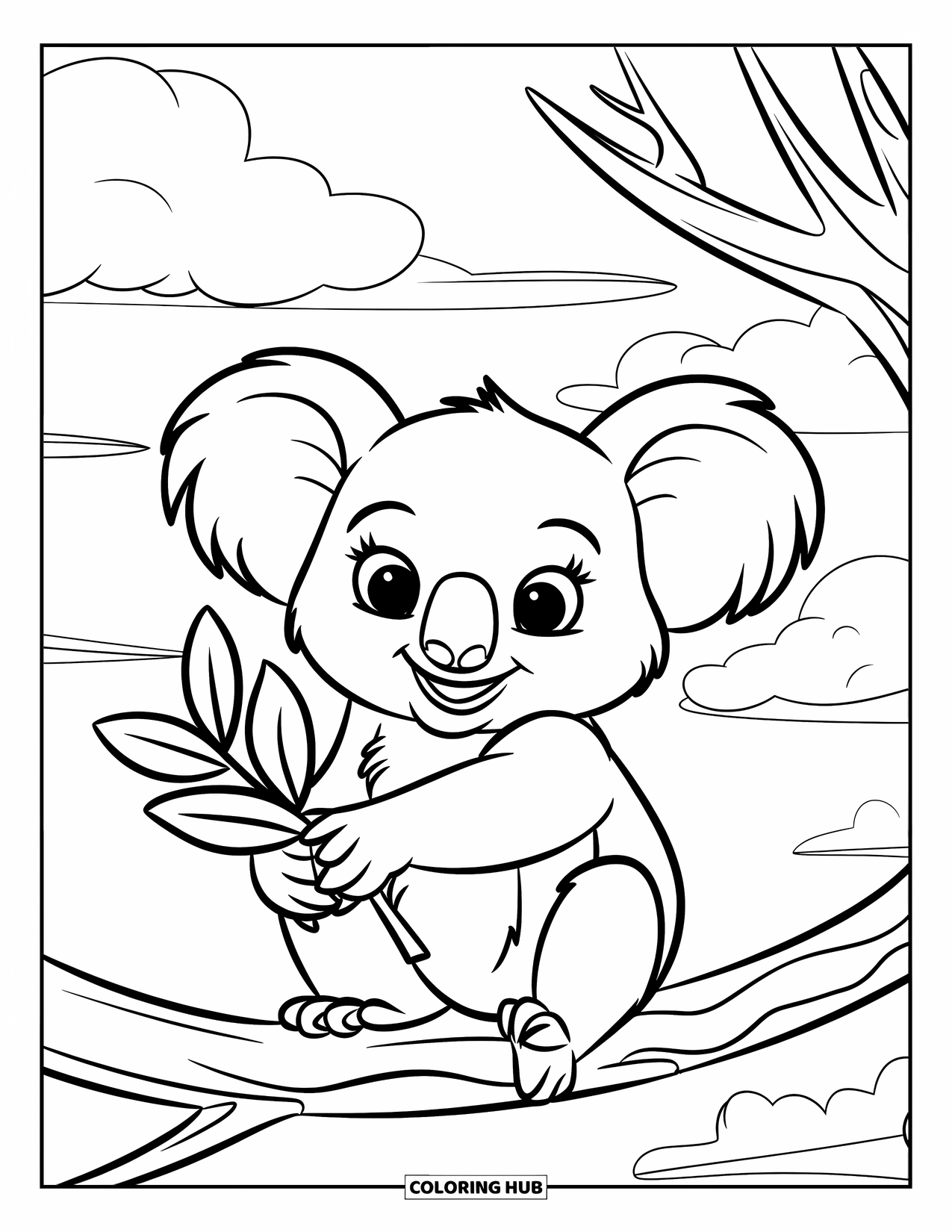 Kolorowanka z koalą dla dzieci: Radosna koala ściska liść eukaliptusa, siedząc na solidnej gałęzi drzewa