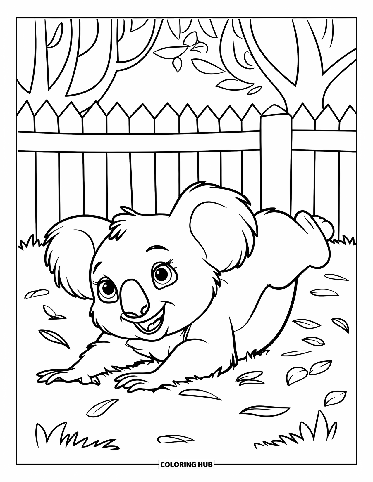 Kolorowanka z koalą dla dzieci: Radosna koala turla się po trawie, liście latają dookoła, z drzewami i płotem w pobliżu