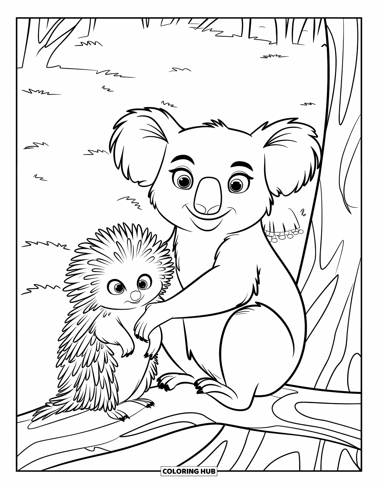 Kolorowanka z koalą dla dzieci: Koala i kolczatka siedzą razem na wolności, otoczone australijskimi zwierzętami