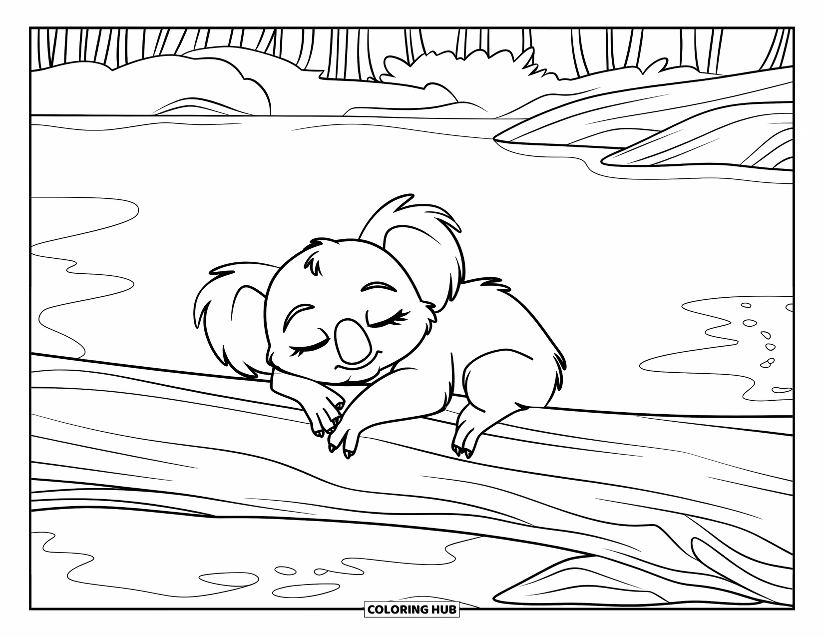 Kolorowanka z koalą dla dzieci: Koala trzyma się powalonej kłody nad spokojnym jeziorem, z zamkniętymi oczami w odprężeniu