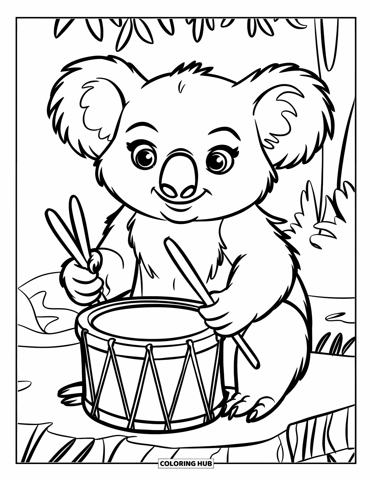 Kolorowanka z koalą dla dzieci: Koala bębni na wydrążonym pniu drewnianymi patykami, otoczona bujną zielenią