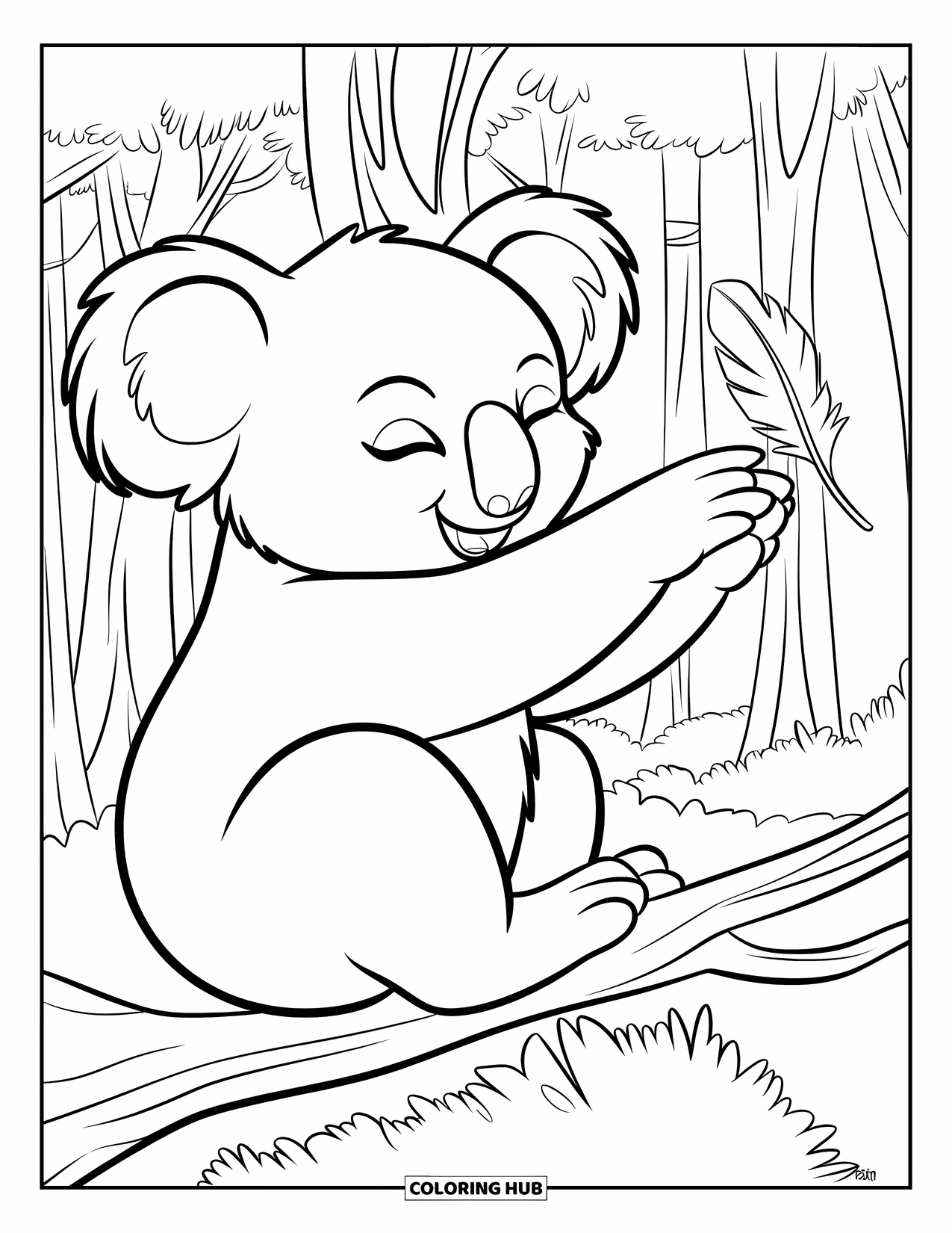 Kolorowanka z koalą dla dzieci: Koala, z zamkniętymi oczami, delikatnie sięga po piórko, siedząc wśród wysokich drzew