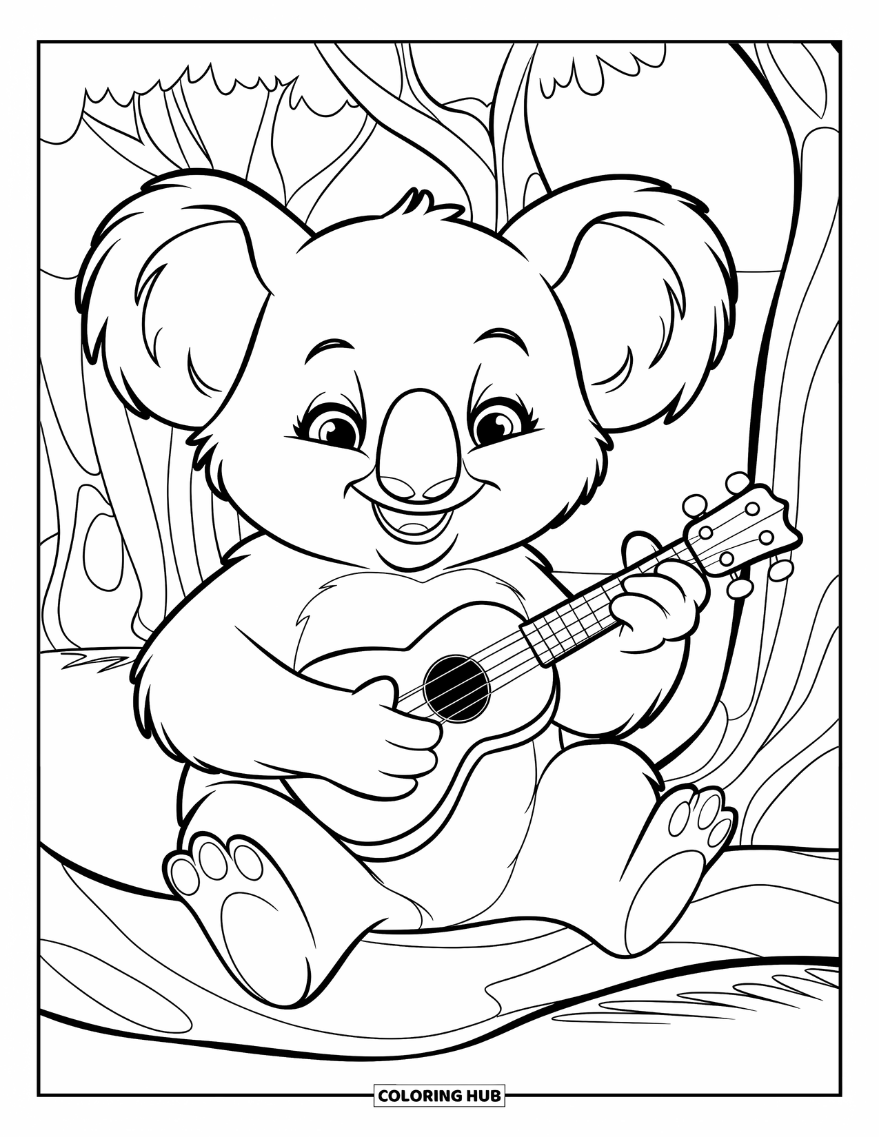 Kolorowanka z koalą dla dzieci: Koala radośnie gra na ukulele pod drzewem, ciesząc się spokojnym otoczeniem