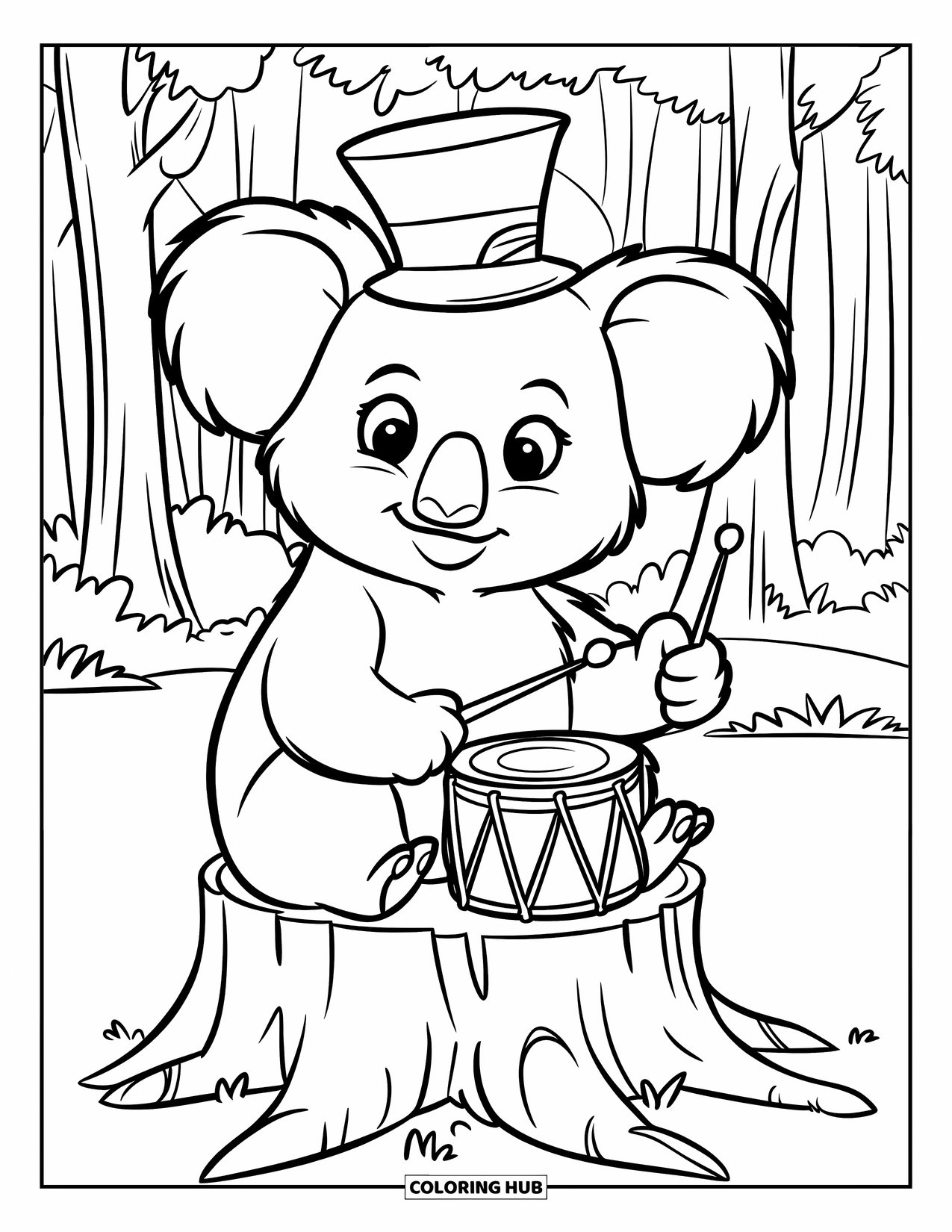 Kolorowanka z koalą dla dzieci: Koala w kapeluszu gra na maleńkim bębenku zrobionym z pnia drzewa w lesie