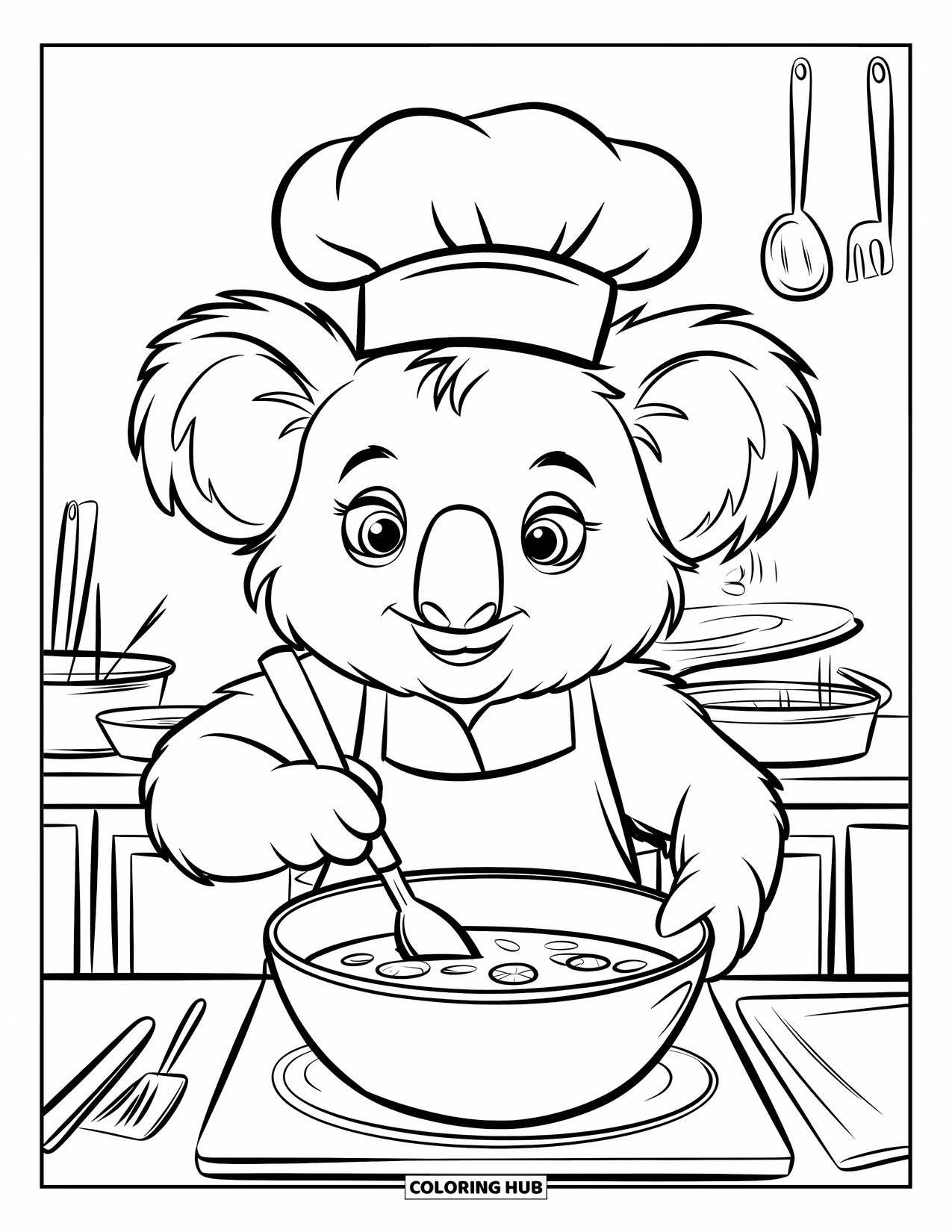 Kolorowanka z koalą dla dzieci: Koala w czapce szefa kuchni miesza miskę zupy eukaliptusowej w przytulnej kuchni
