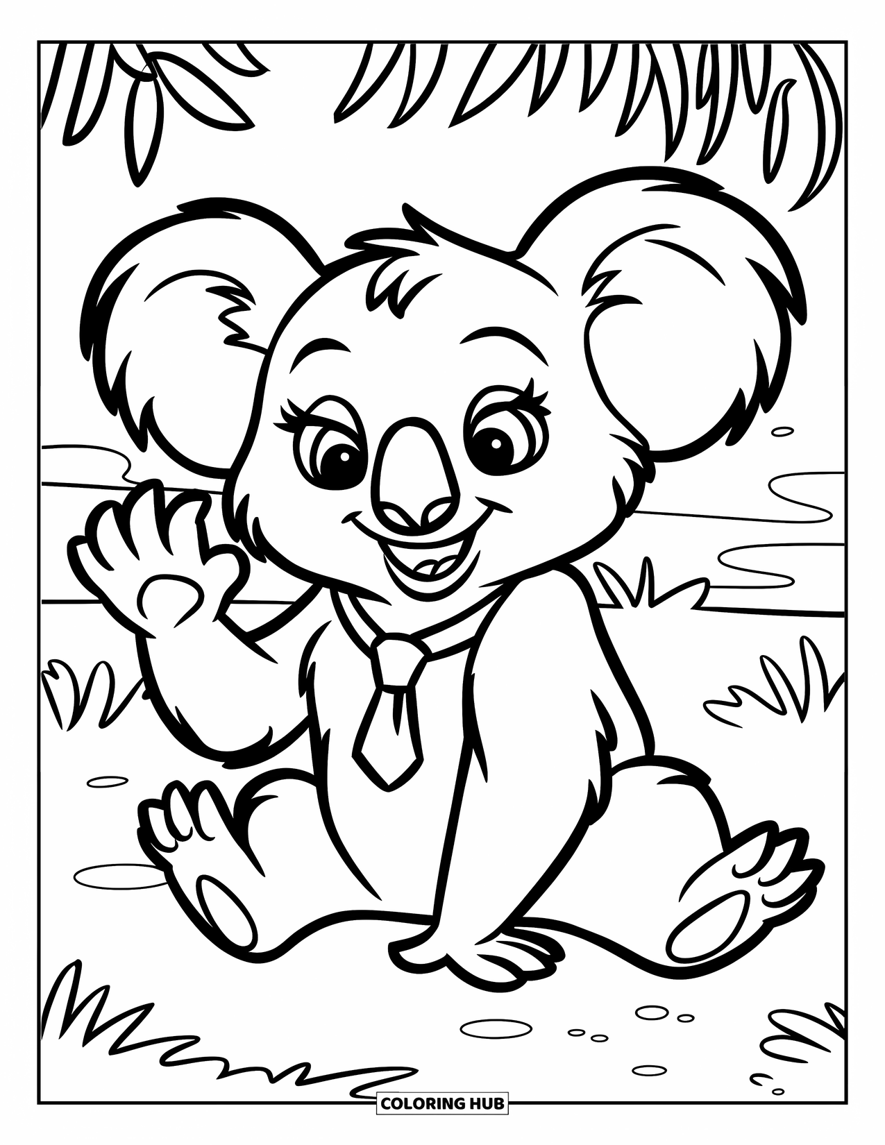 Kolorowanka z koalą dla dzieci: Koala w uroczej muszce żartobliwie macha, siedząc na trawiastej ziemi