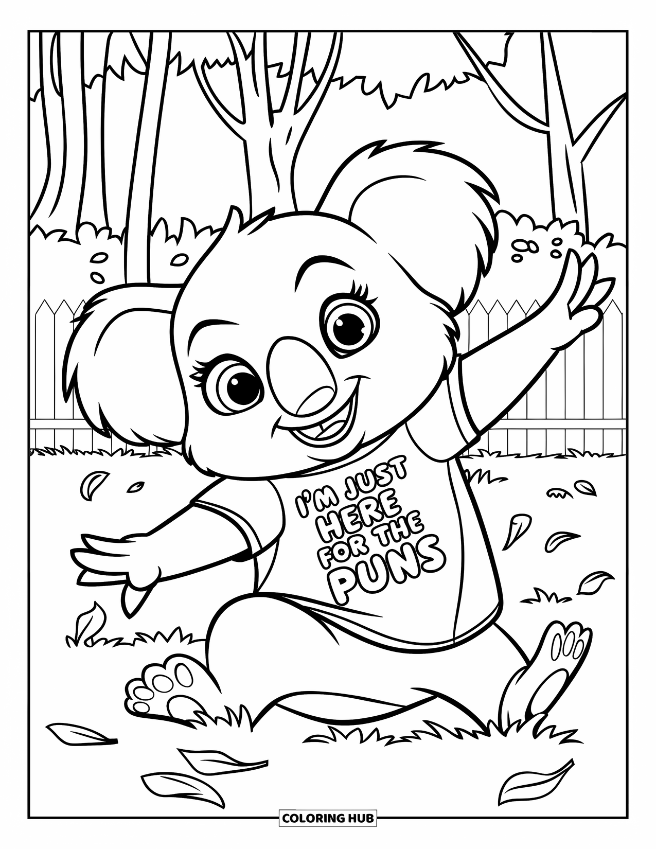 Kolorowanka z koalą dla dzieci: Koala w zabawnej koszulce turla się po trawie, otoczona drzewami i płotem