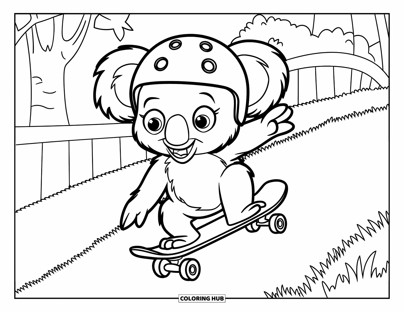 Kolorowanka z koalą dla dzieci: Koala w kasku pędzi w dół po trawiastej górce na deskorolce, a ścieżkę wyznaczają drzewa